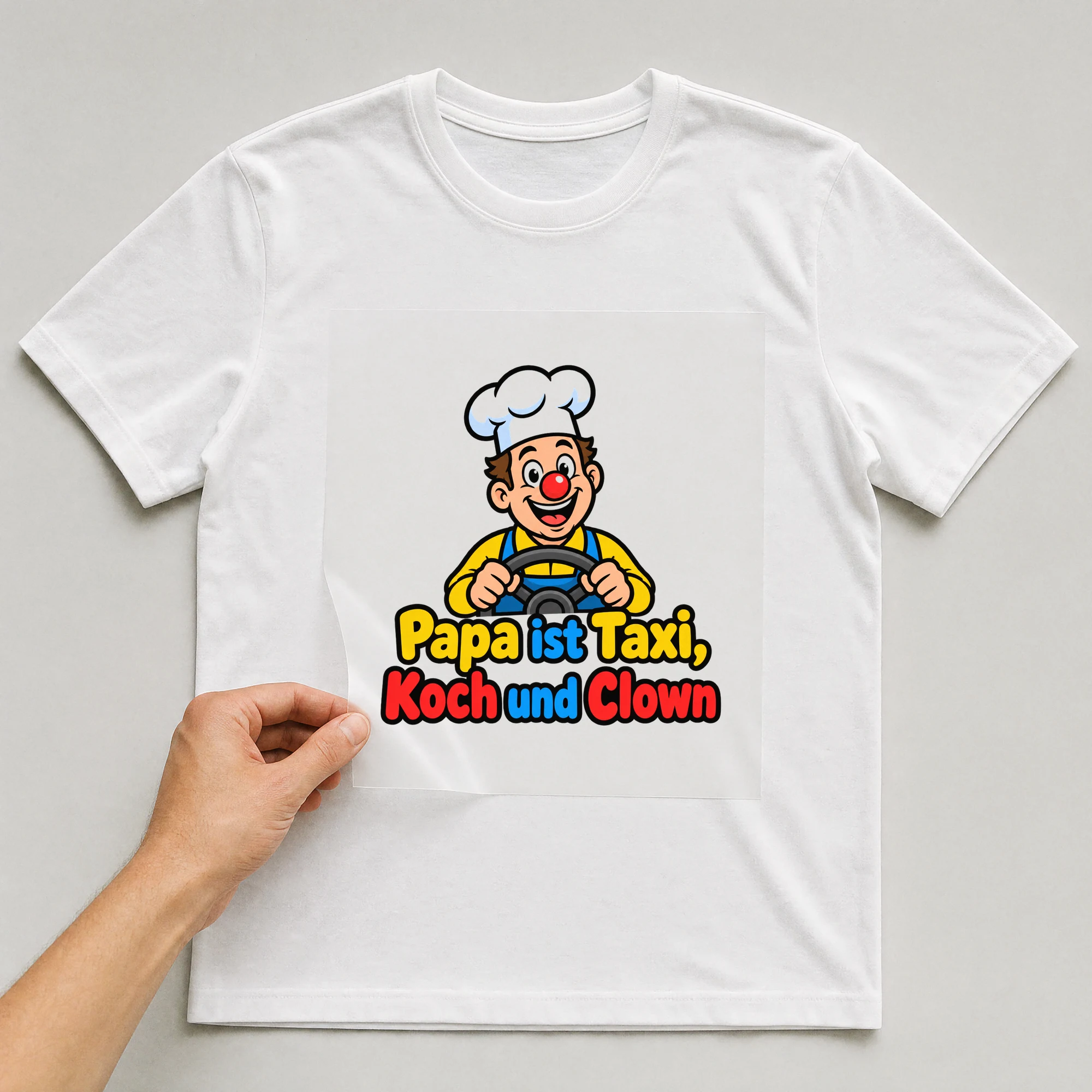 Bügelbild „Papa ist Taxi, Koch und Clown“ auf weißem T-Shirt, Folie wird aufgelegt