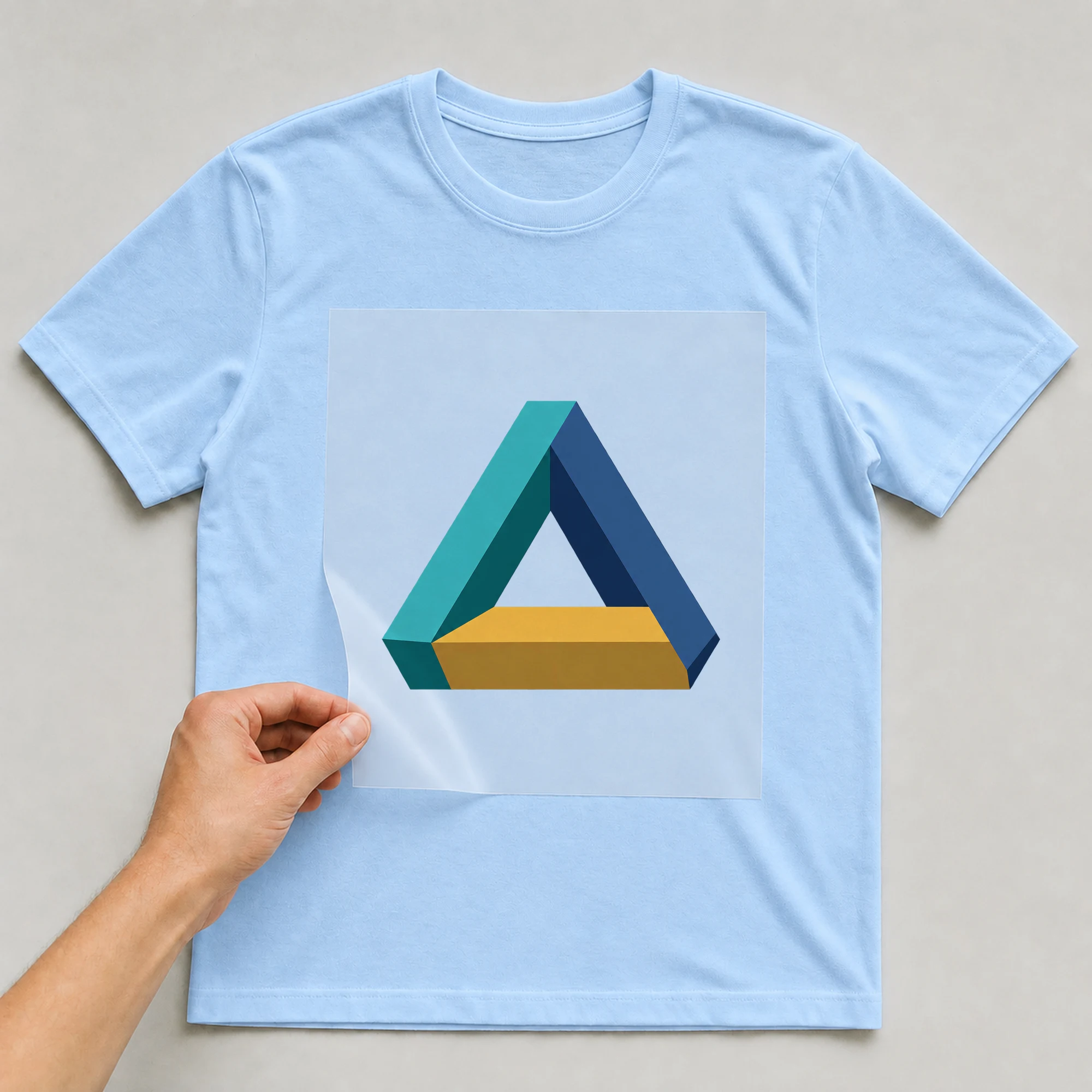 Bügelbild „Geometrisches Dreieck in Türkis Blau und Gold“ auf babyblauem T-Shirt, Folie wird aufgelegt