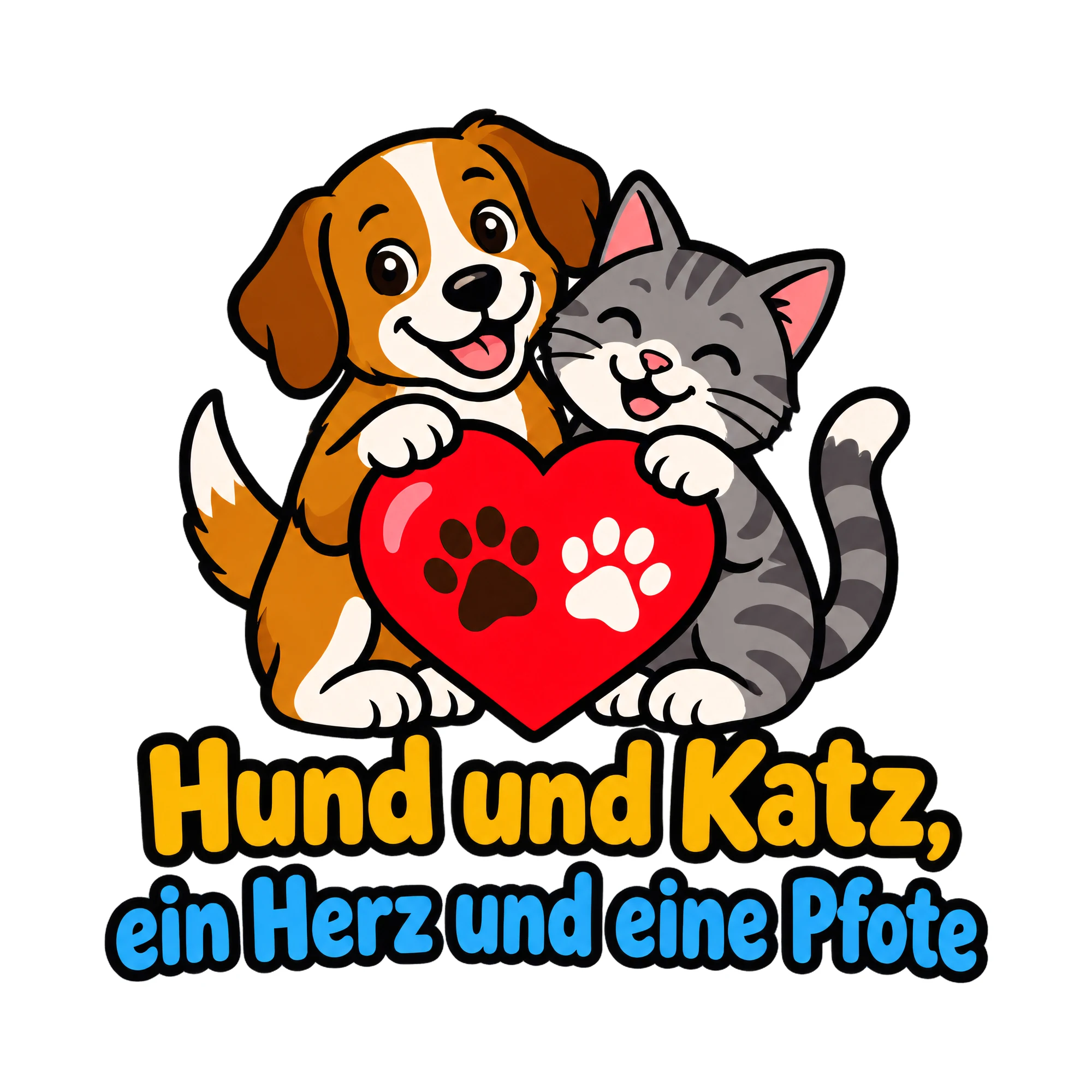 Bügelbild Hund und Katz, ein Herz und eine Pfote als Grafik auf weißem Hintergrund (BB019772)