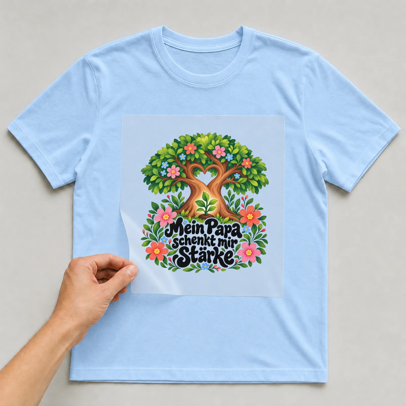 Bügelbild „Mein Papa schenkt mir Stärke“ auf hellblauem T-Shirt, Folie wird aufgelegt