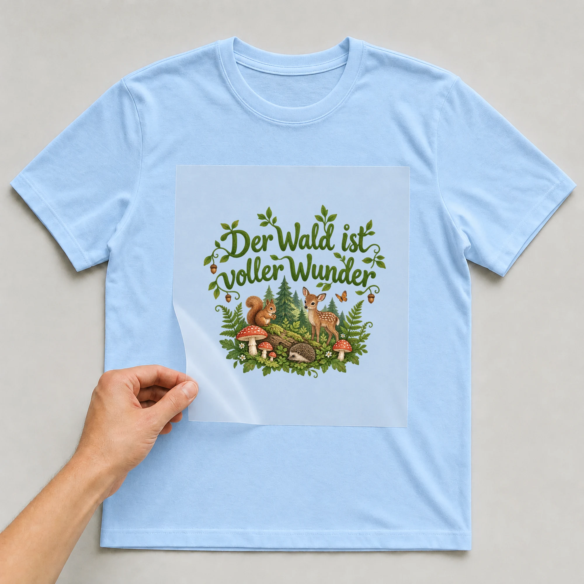 Bügelbild „Der Wald ist voller Wunder“ auf babyblauem T-Shirt, Folie wird aufgelegt