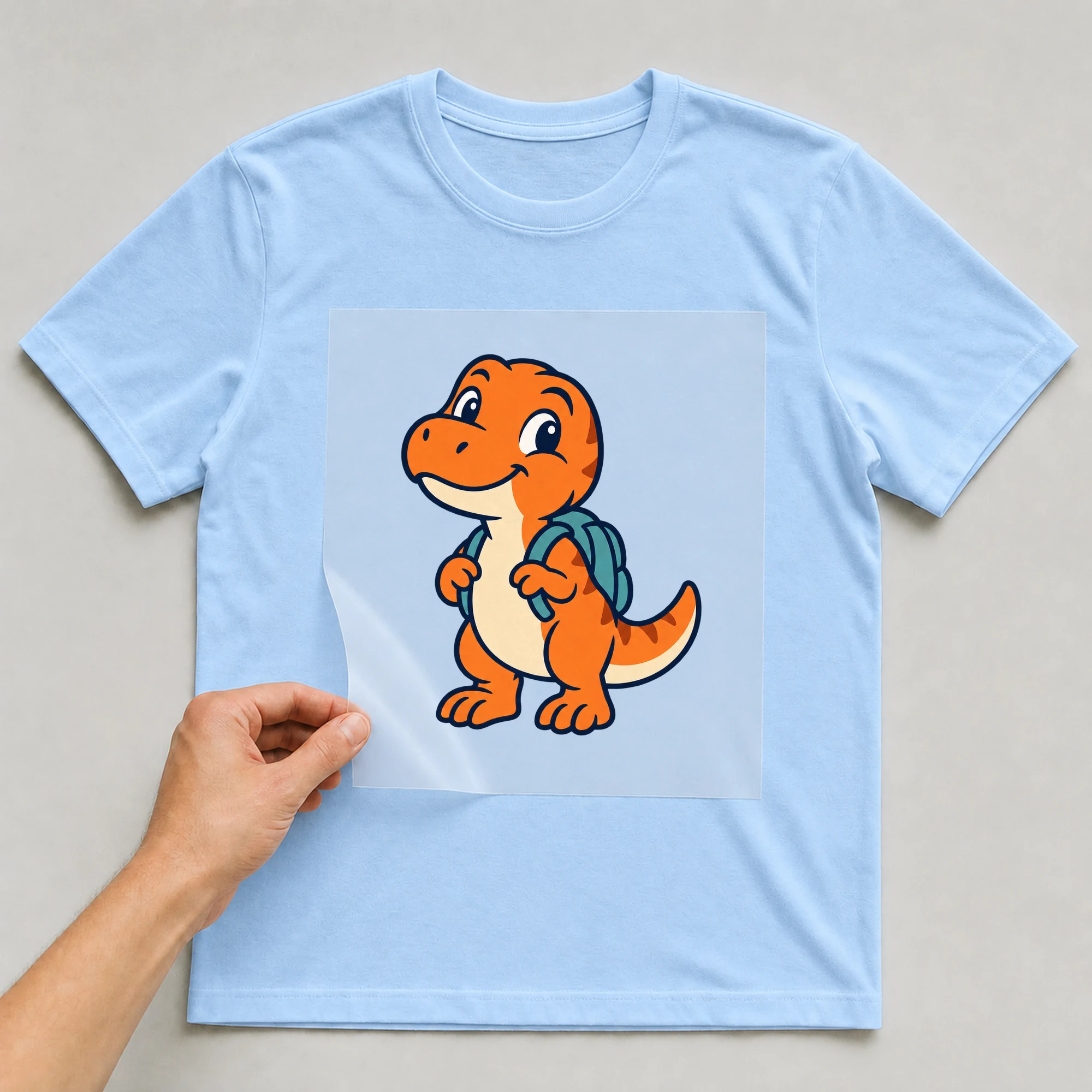 Bügelbild „BB021163-motiv-r03709“ auf babyblauem T-Shirt, Folie wird aufgelegt