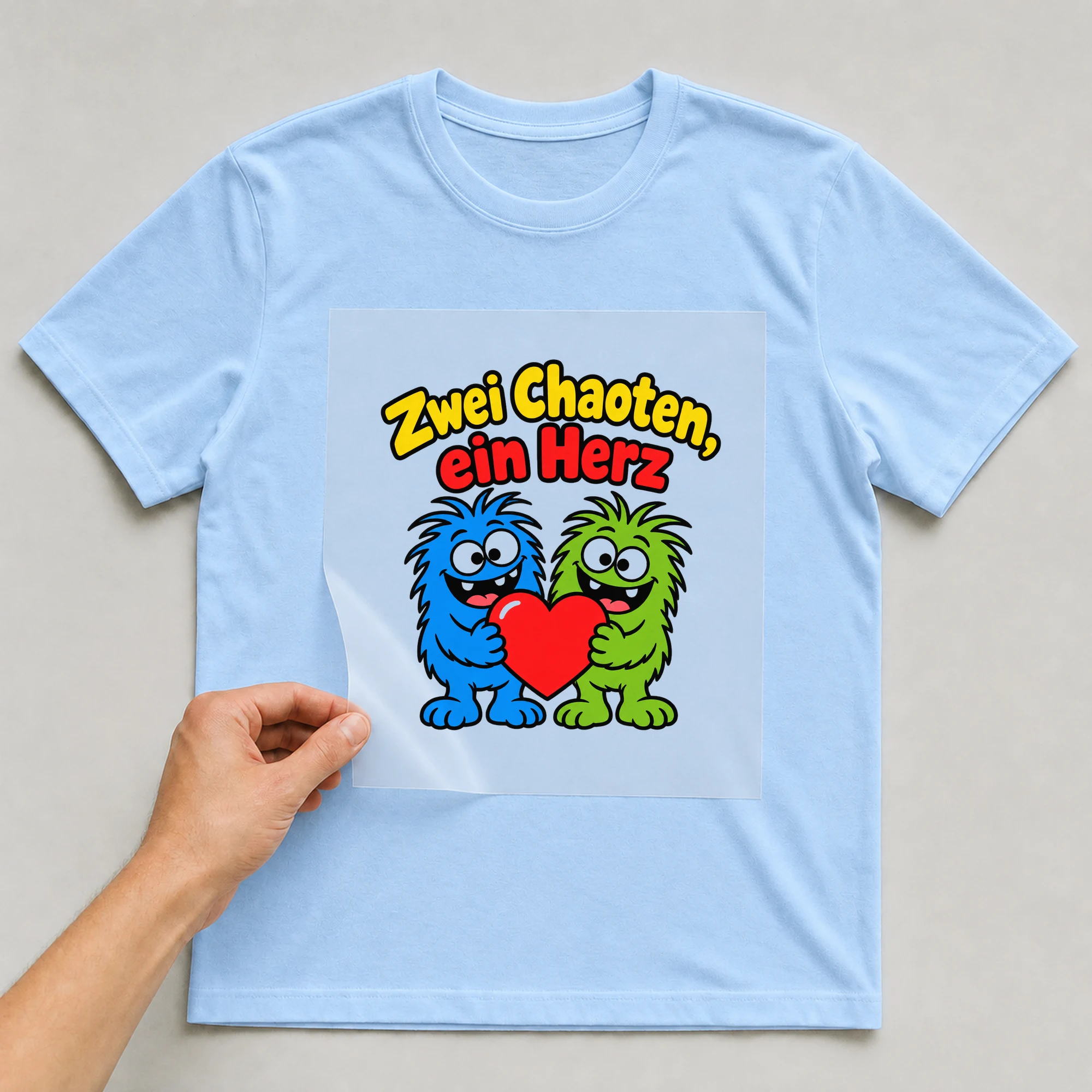 Bügelbild „Zwei Chaoten, ein Herz“ auf babyblauem T-Shirt, Folie wird aufgelegt