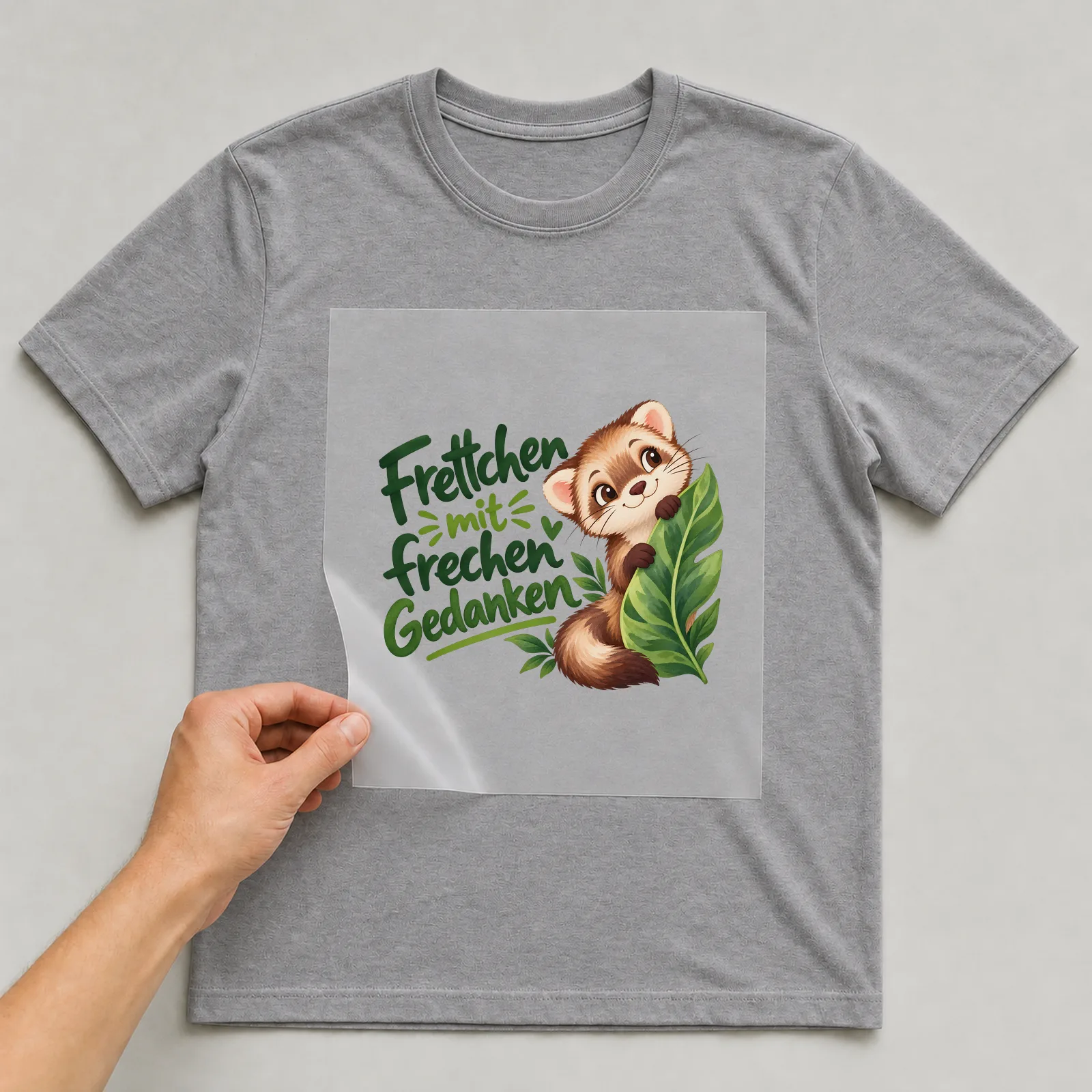 Bügelbild „Frettchen mit frechen Gedanken“ auf grauem T-Shirt, Folie wird aufgelegt