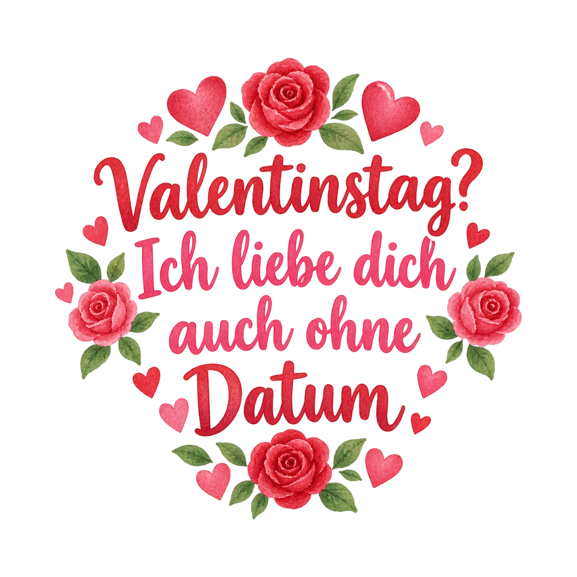 Bügelbild Valentinstag? Ich liebe dich auch ohne Datum, Familienshirt Spruch als Grafik auf weißem Hintergrund (BB016425)