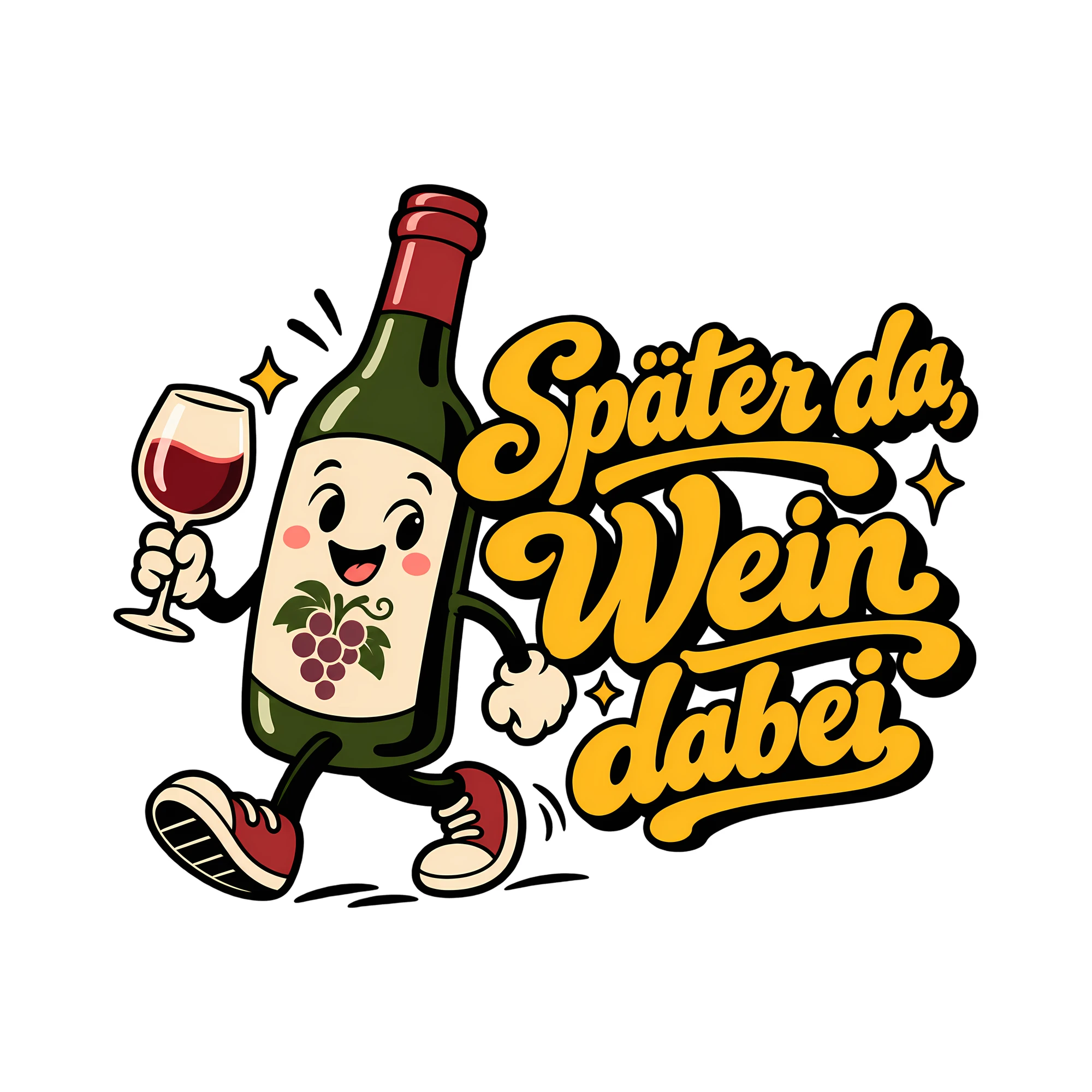 Bügelbild Später da, Wein dabei als Grafik auf weißem Hintergrund (BB011897)