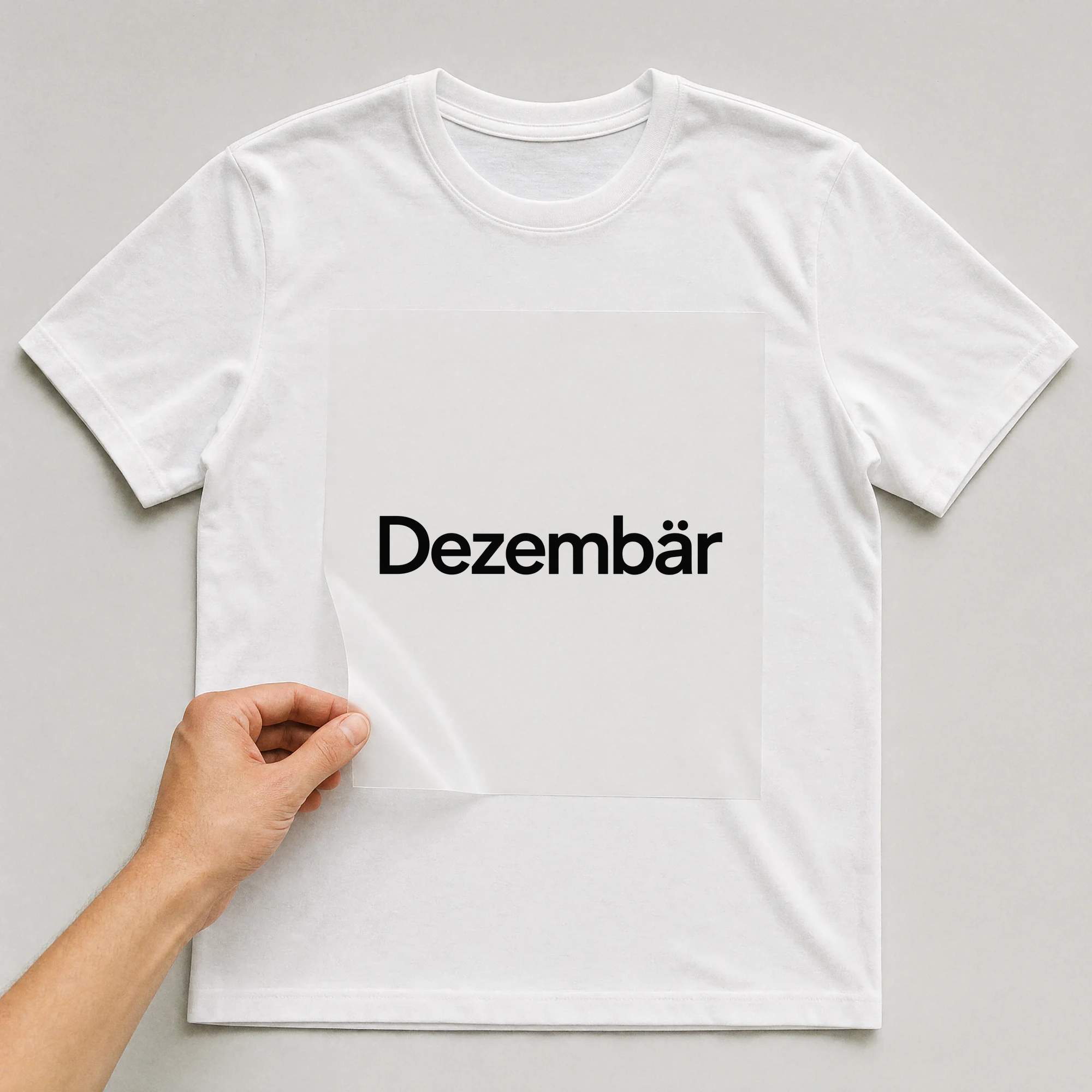Bügelbild „Dezembär“ auf weißem T-Shirt, Folie wird aufgelegt