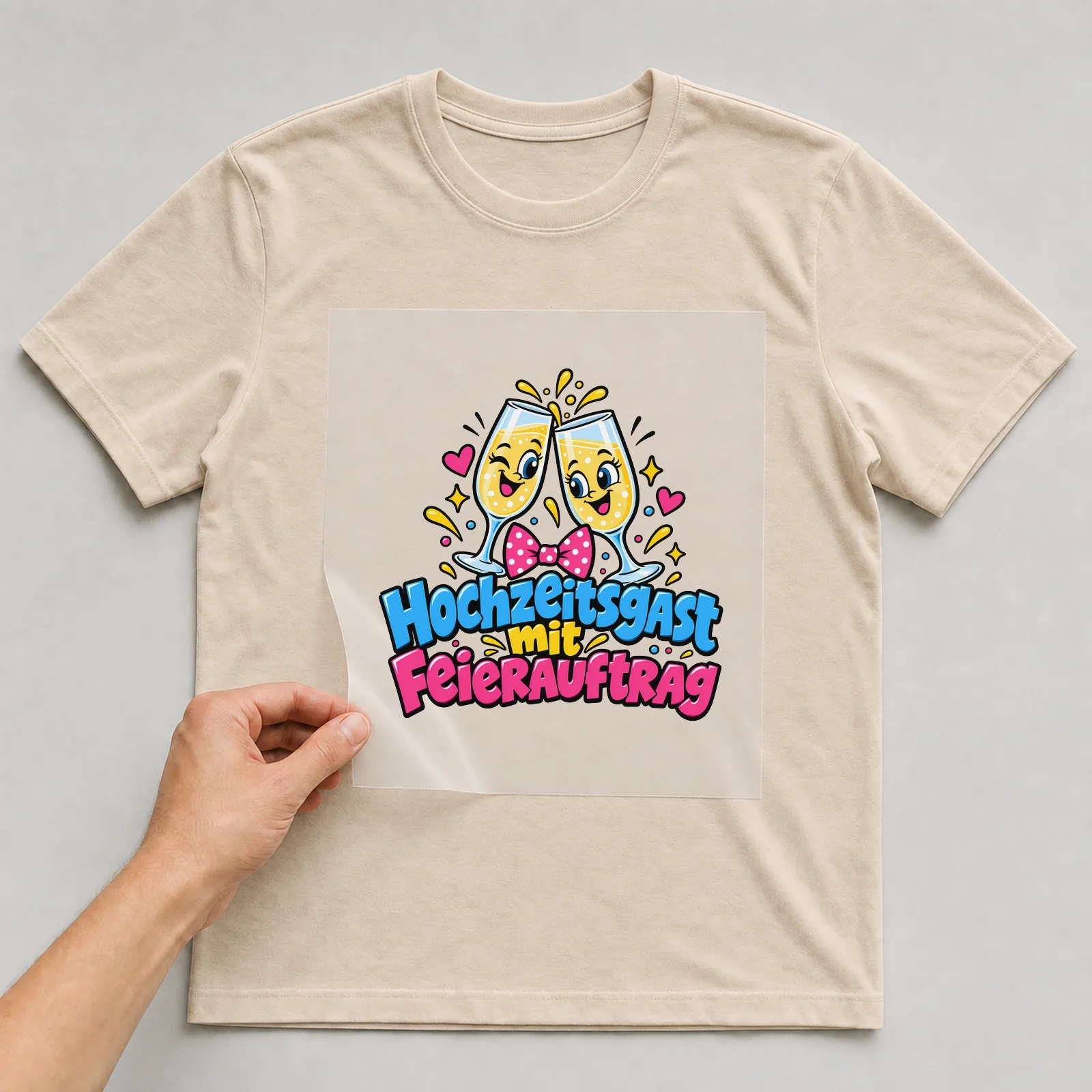 Bügelbild „Hochzeitsgast mit Feierauftrag“ auf beigem T-Shirt, Folie wird aufgelegt