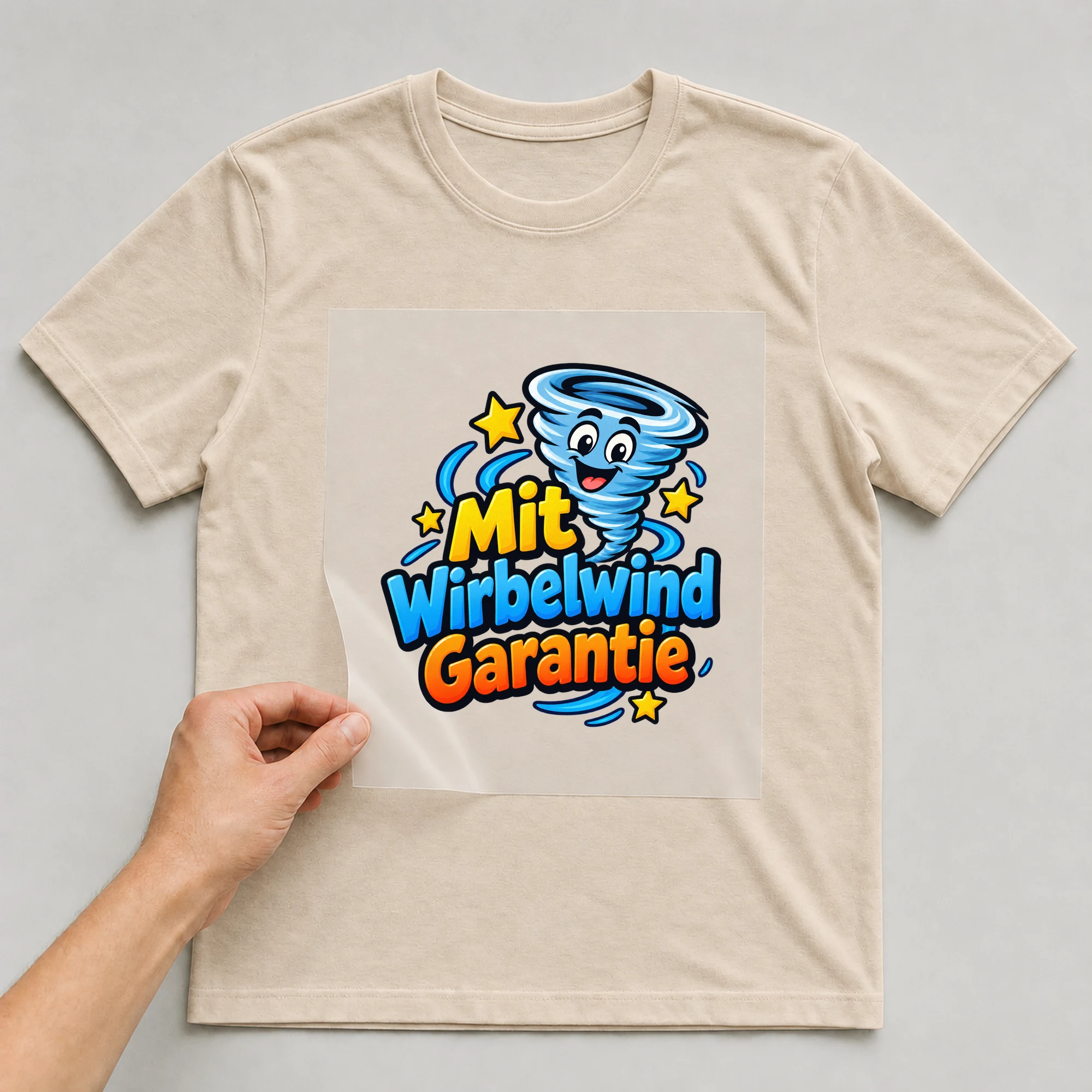 Bügelbild „Mit Wirbelwind-Garantie“ auf beigem T-Shirt, Folie wird aufgelegt
