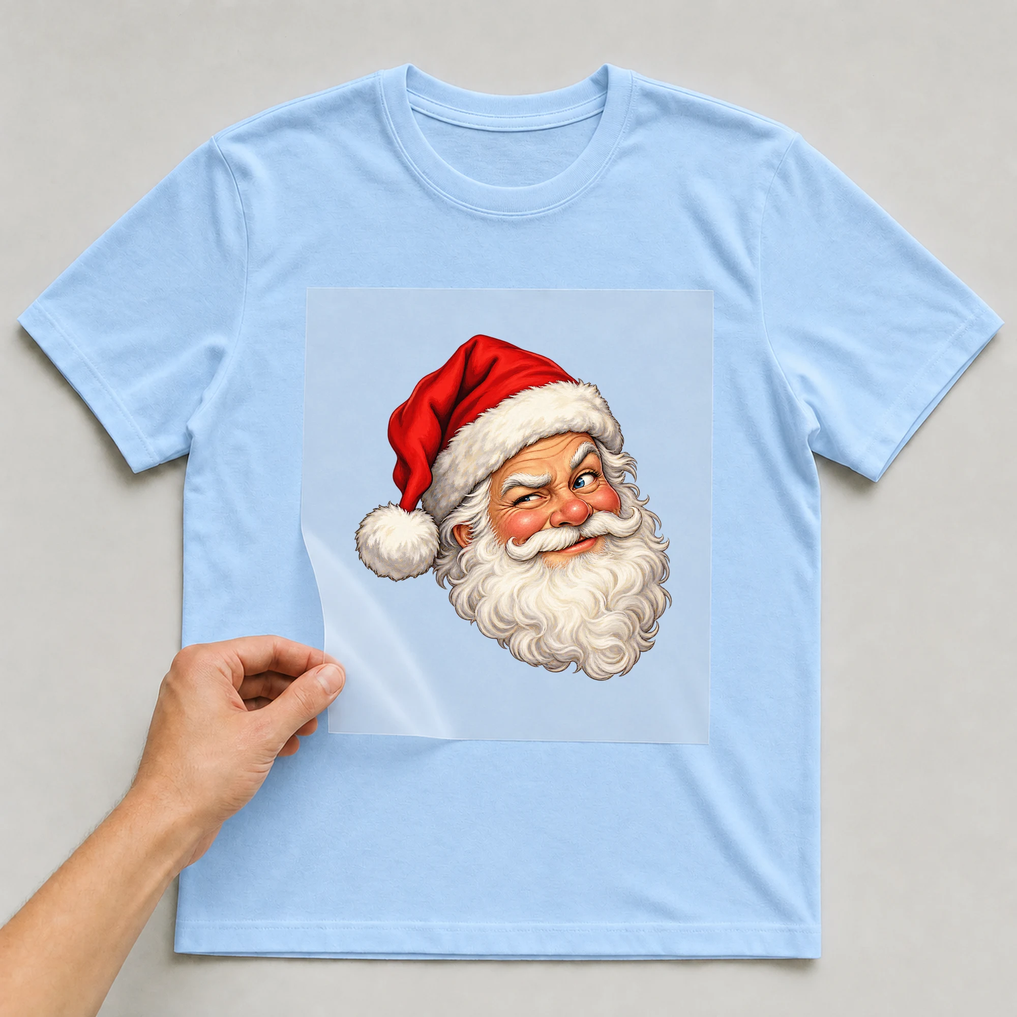 Bügelbild „Ugly Weihnachtsmann“ auf babyblauem T-Shirt, Folie wird aufgelegt