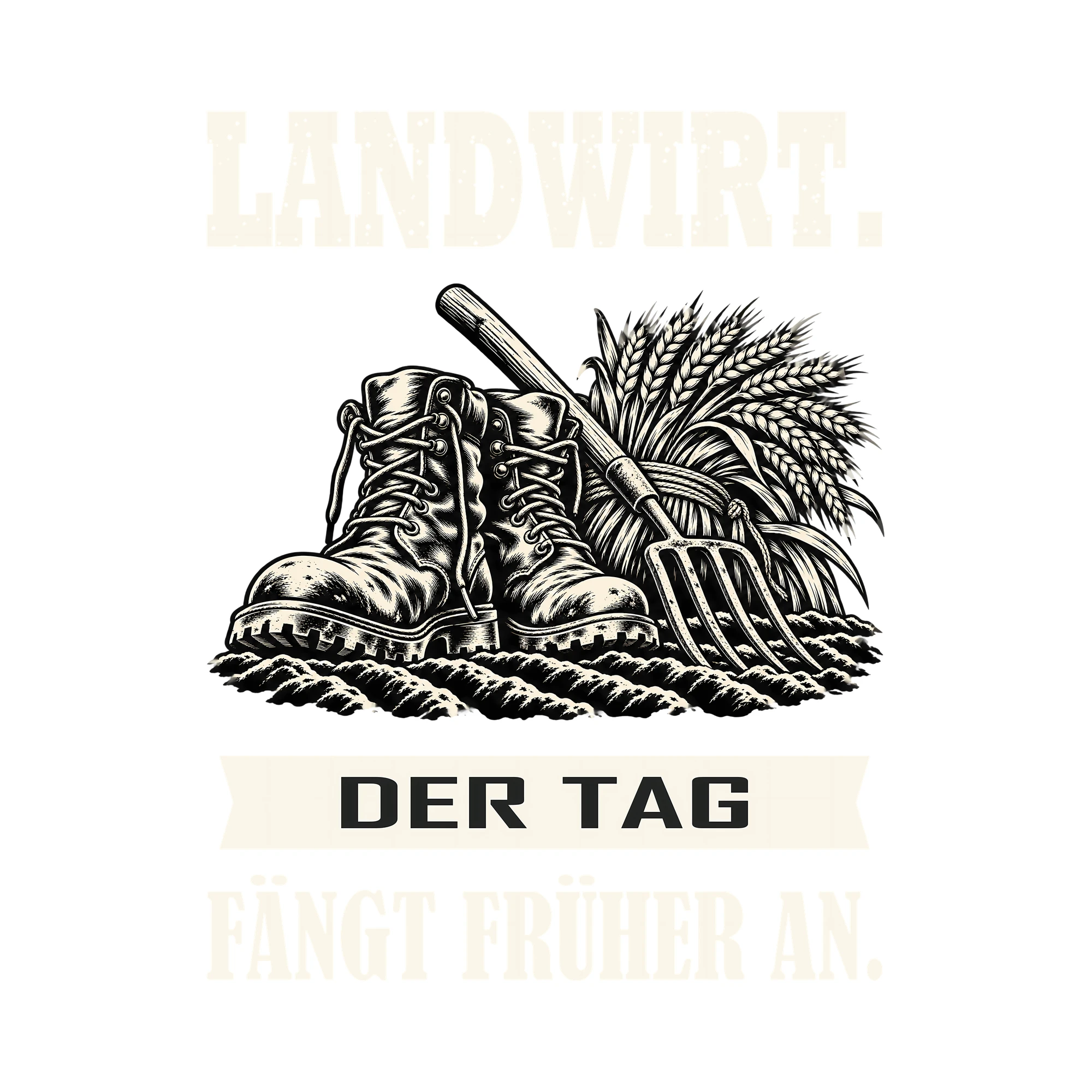 Bügelbild LANDWIRT. DER TAG FÄNGT FRÜHER AN. als Grafik auf weißem Hintergrund (BB011482)