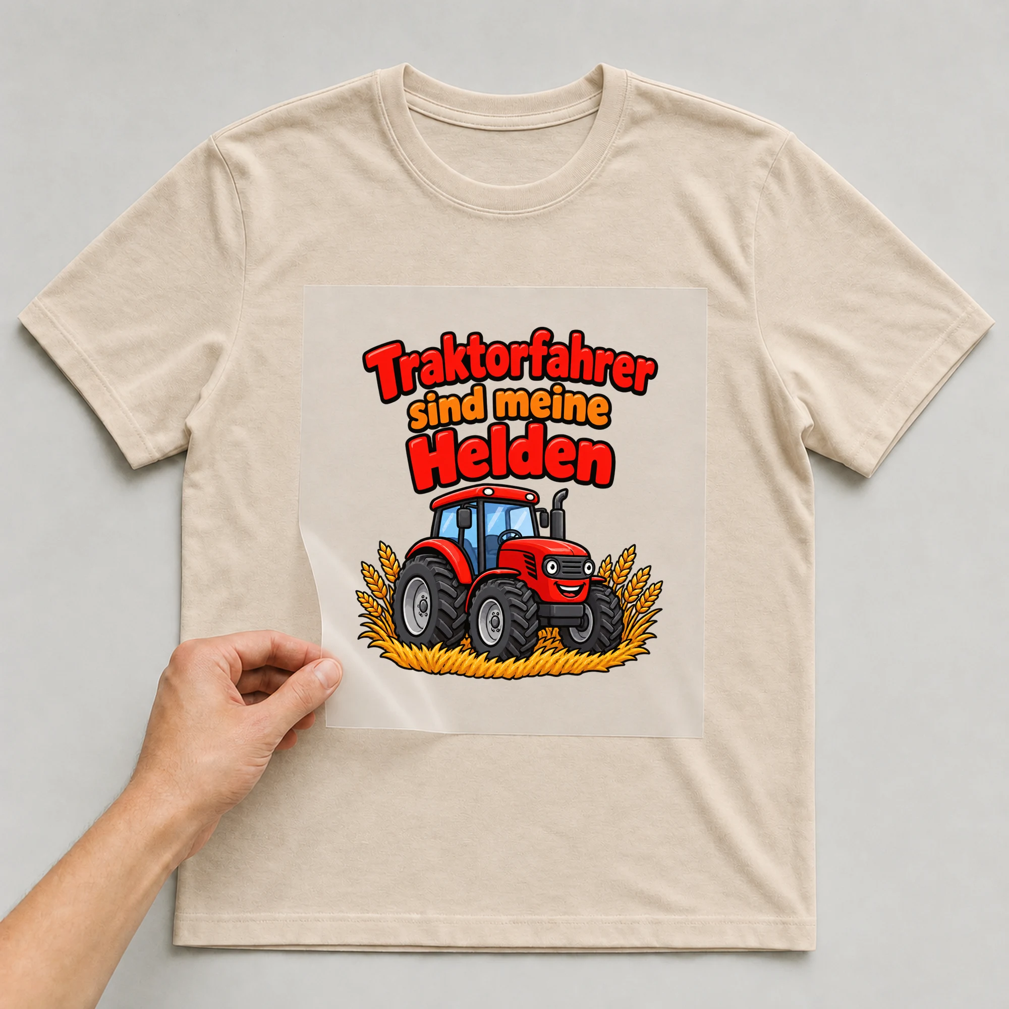Bügelbild „Traktorfahrer sind meine Helden“ auf beigem T-Shirt, Folie wird aufgelegt