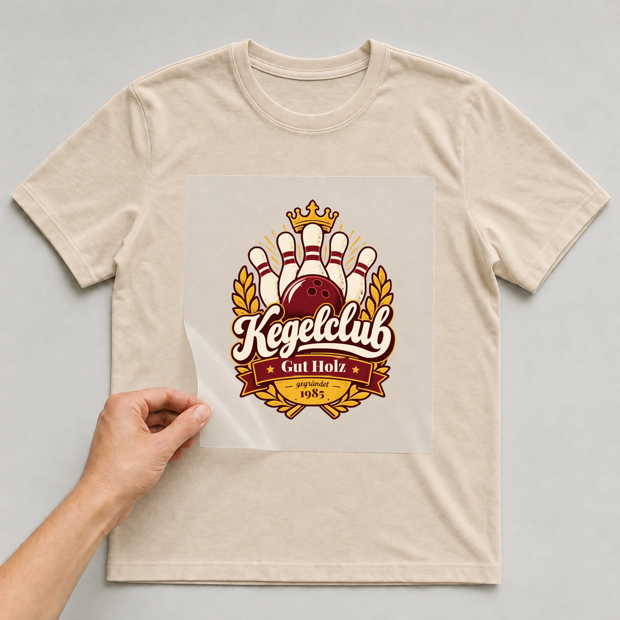 Bügelbild Kegelclub mit Name und Jahr auf beigem T-Shirt, Folie wird aufgelegt