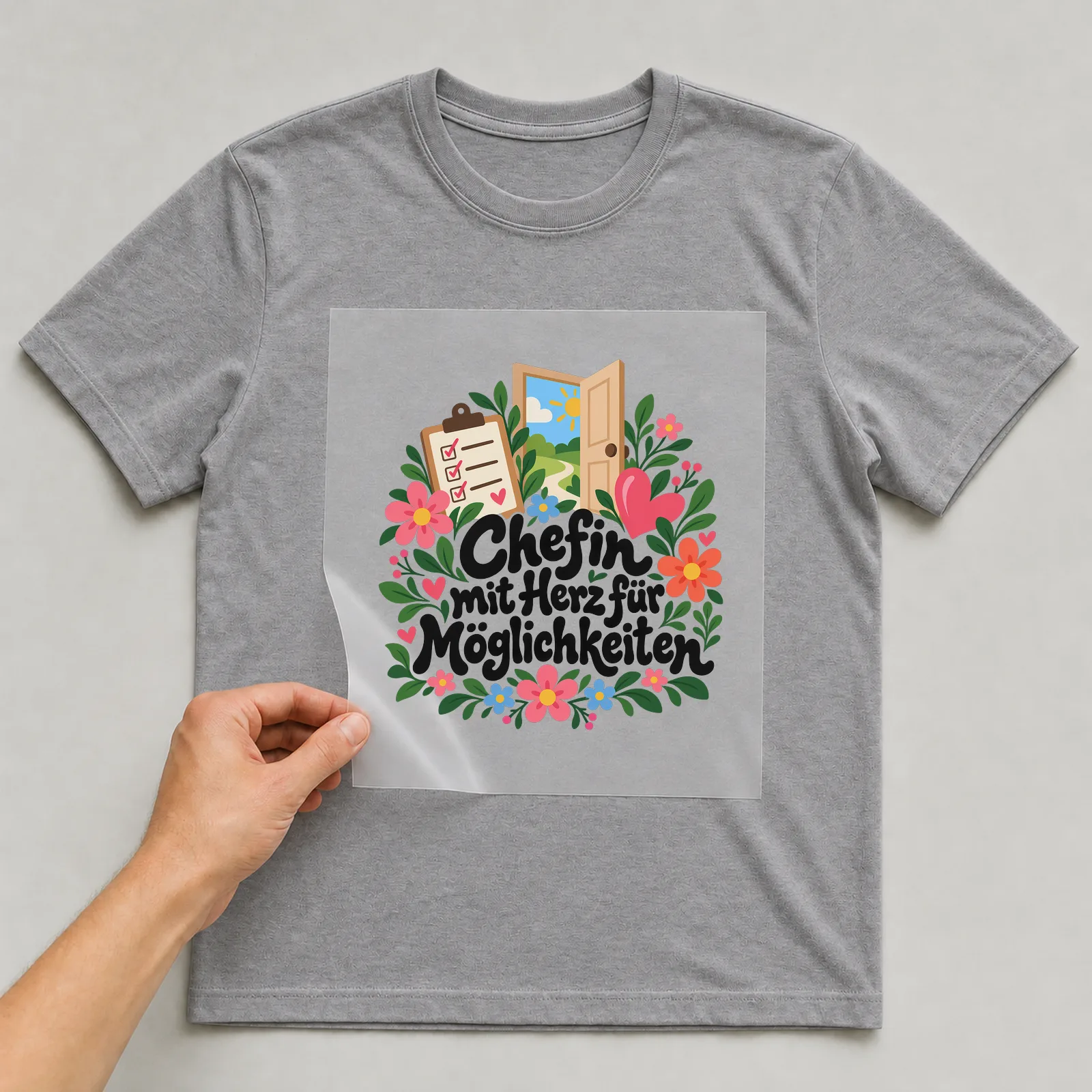 Bügelbild „Chefin mit Herz für Möglichkeiten“ auf grauem T-Shirt, Folie wird aufgelegt