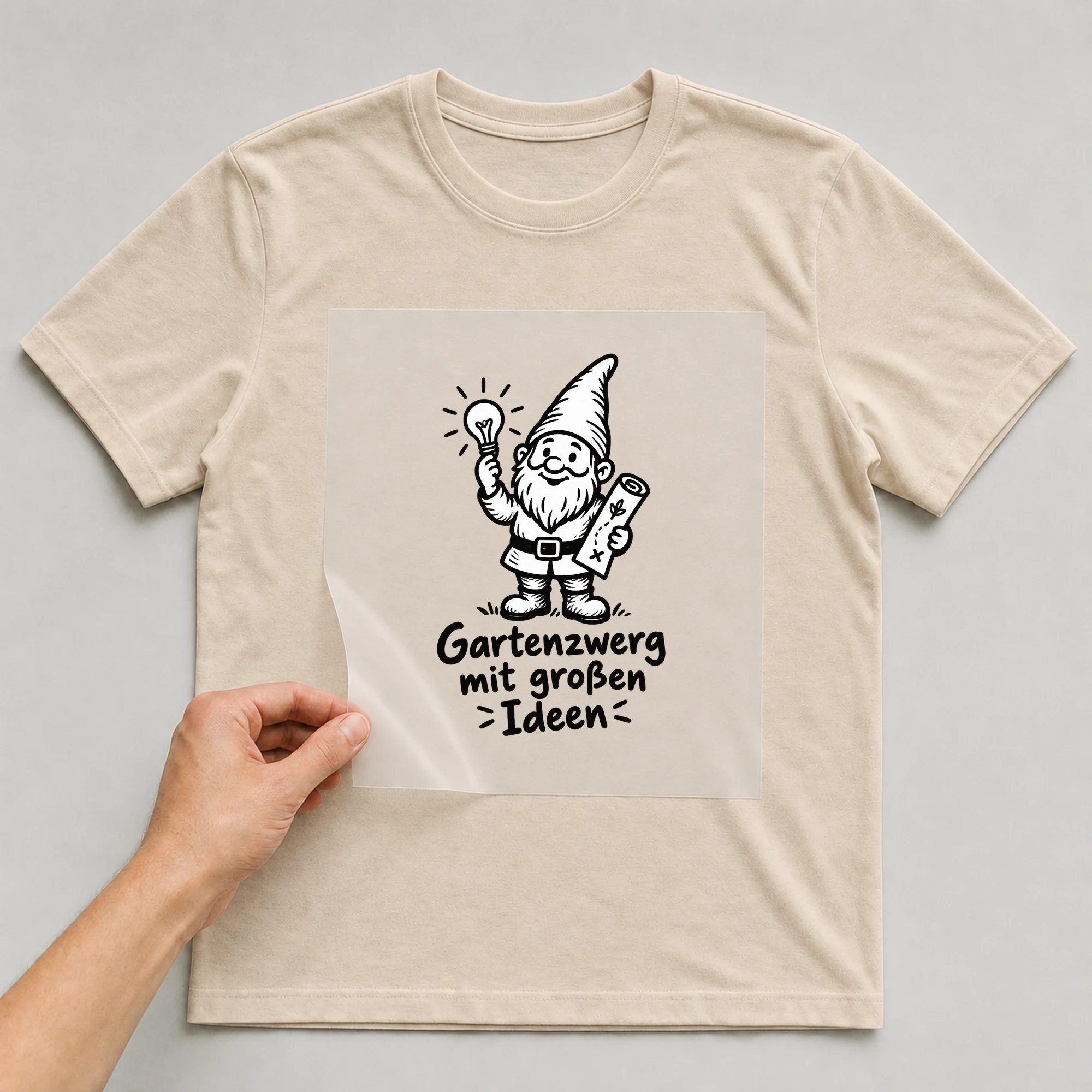 Bügelbild „Gartenzwerg mit Größenideen“ auf beigem T-Shirt, Folie wird aufgelegt
