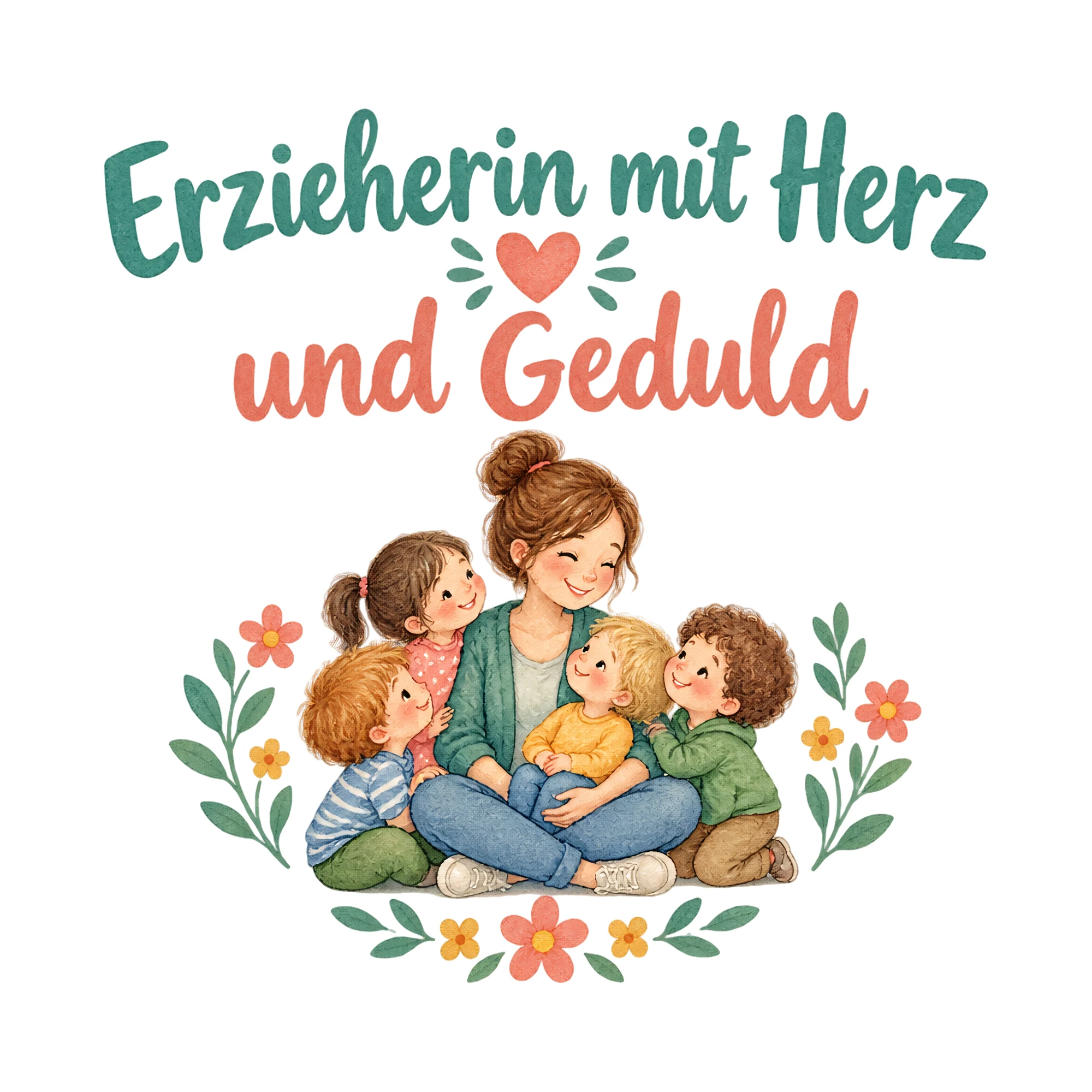 Bügelbild Erzieherin mit Herz und Geduld als Grafik auf weißem Hintergrund (BB020330)