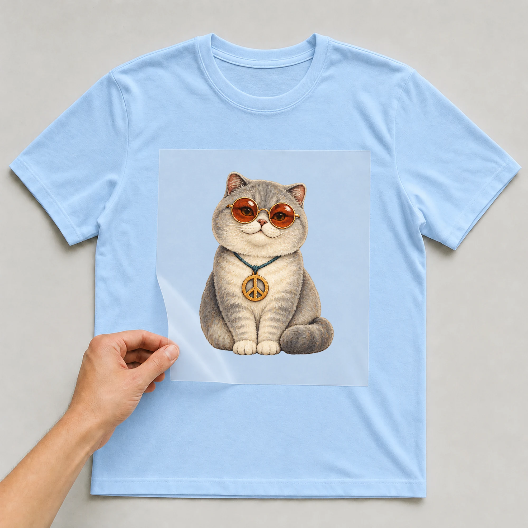 Bügelbild „Britisch Kurzhaar Hippie Look“ auf babyblauem T-Shirt, Folie wird aufgelegt