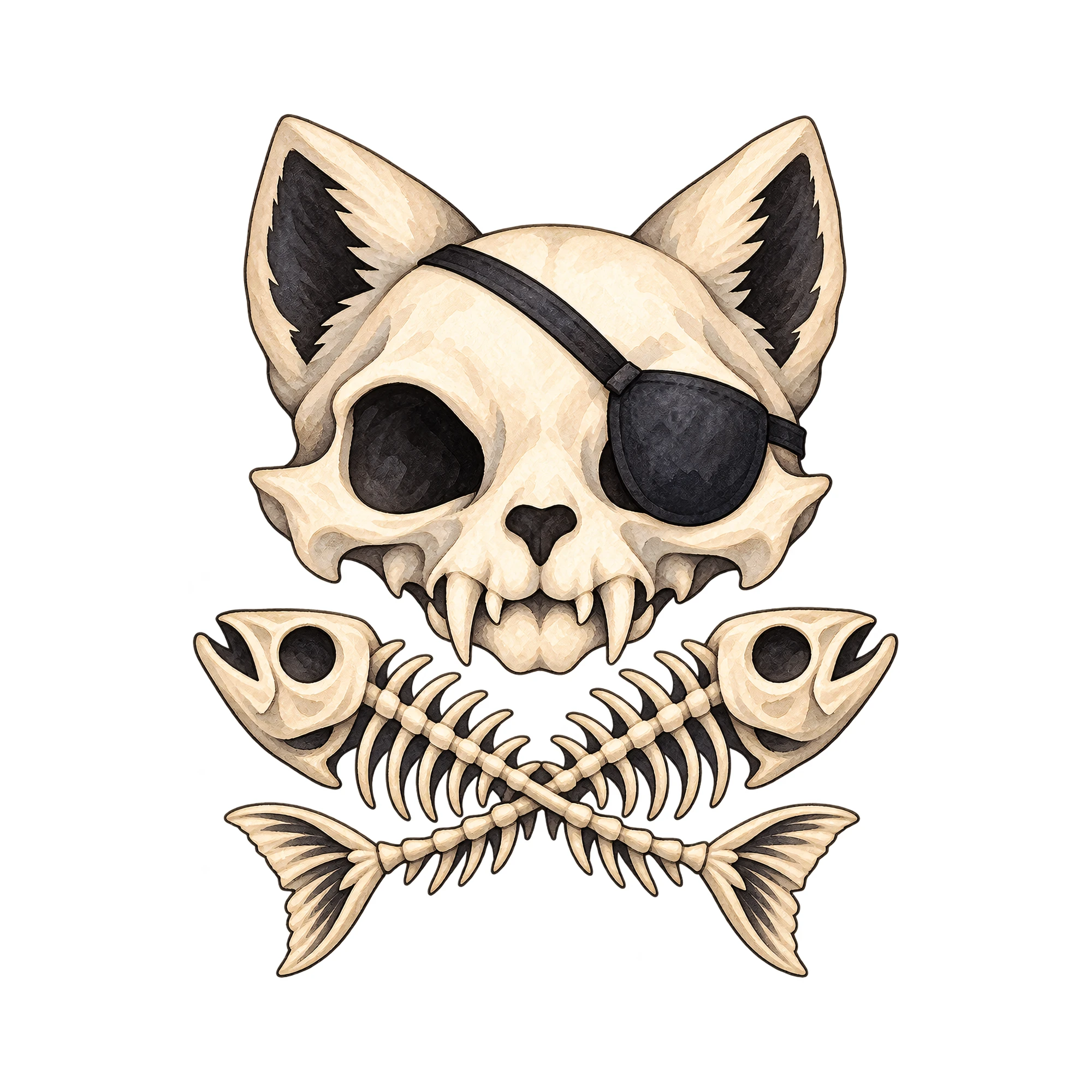 Bügelbild Katzen Pirat Skelett | Tiere Shirt Motiv als Grafik auf weißem Hintergrund (BB016092)