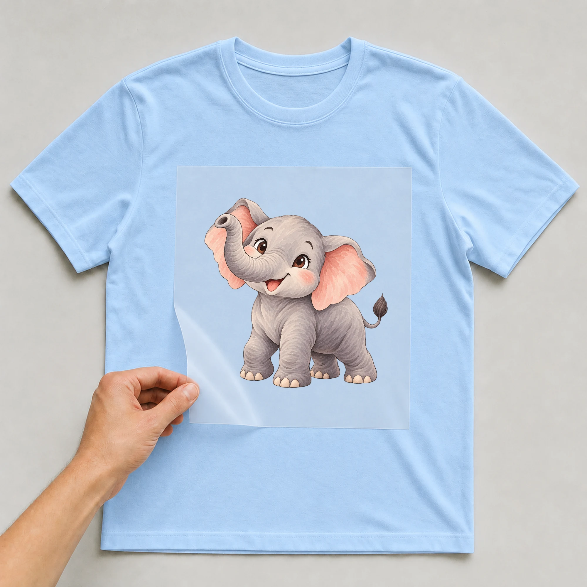 Bügelbild „Elefant“ auf babyblauem T-Shirt, Folie wird aufgelegt