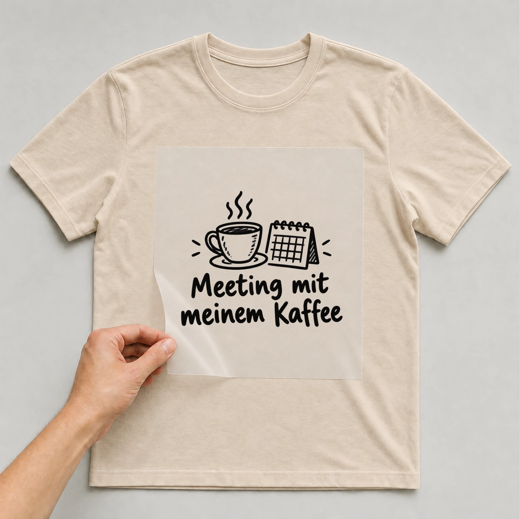 Bügelbild „Wichtiger Sitzungstermin“ auf beigem T-Shirt, Folie wird aufgelegt