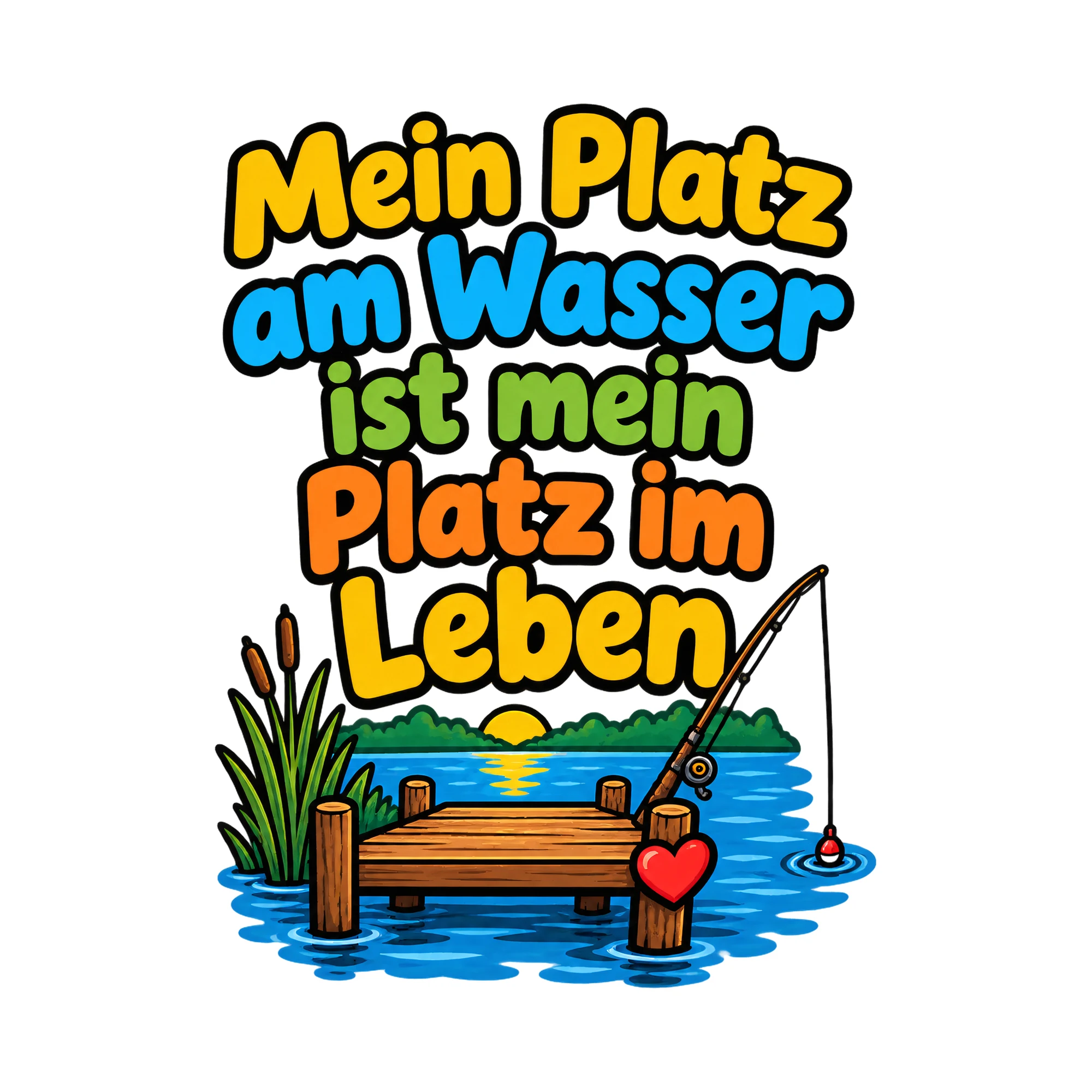Bügelbild Mein Platz am Wasser ist mein Platz im Leben, Hobby Shirt Spruch als Grafik auf weißem Hintergrund (BB016443)
