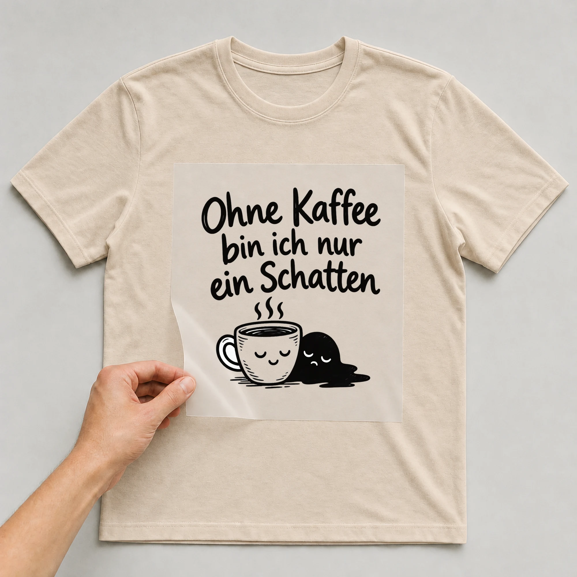 Bügelbild „Ohne Kaffee bin ich nur ein Schatten“ auf beigem T-Shirt, Folie wird aufgelegt