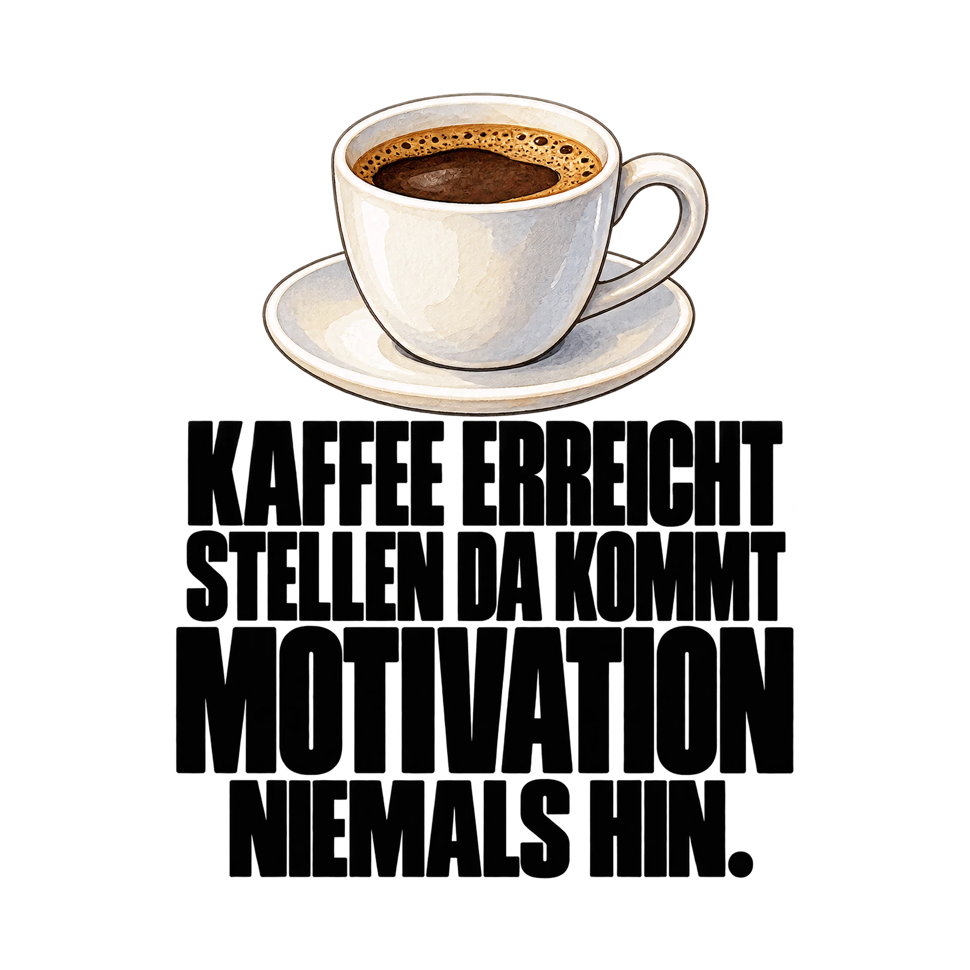 Bügelbild „Kaffee erreicht stellen da kommt Motivation niemals hin.“ als Grafik auf weißem Hintergrund (BB015100)