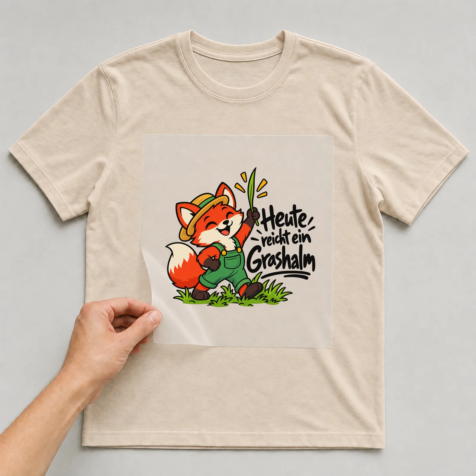 Bügelbild „Heute reicht ein Grashalm“ auf beigem T-Shirt, Folie wird aufgelegt