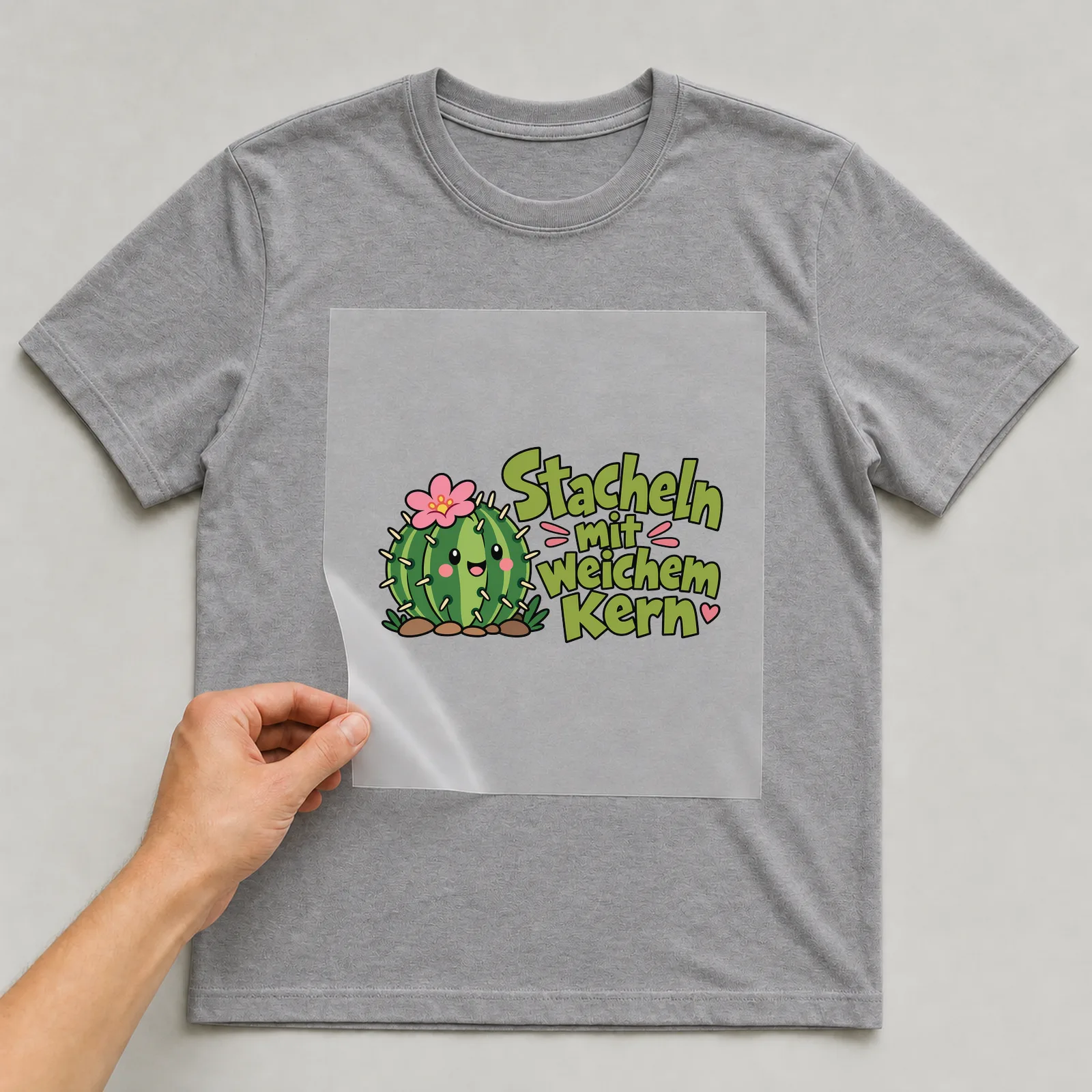Bügelbild „Stacheln mit weichem Kern“ auf grauem T-Shirt, Folie wird aufgelegt