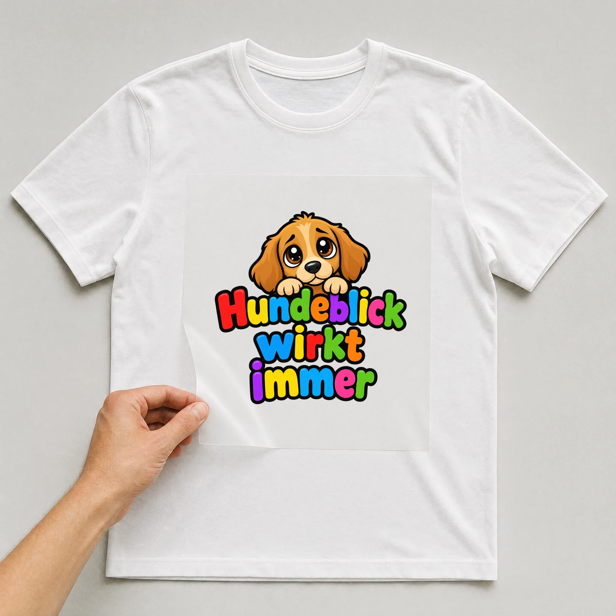 Bügelbild „Hundeblick wirkt immer“ auf weißem T-Shirt, Folie wird aufgelegt