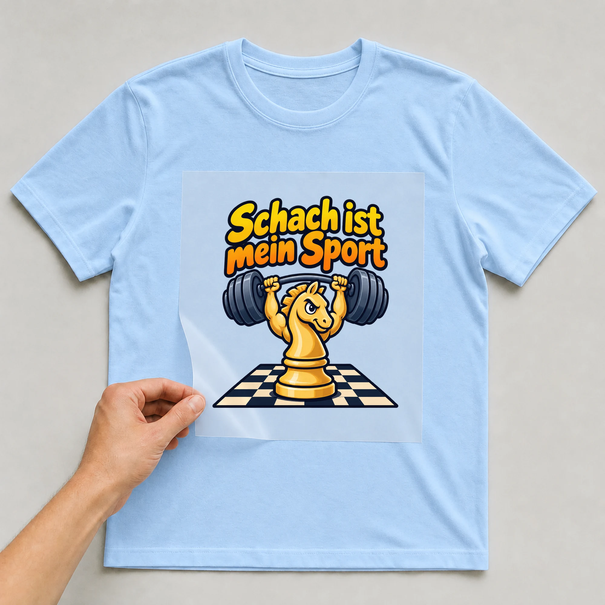 Bügelbild „Schach ist mein Sport“ auf babyblauem T-Shirt, Folie wird aufgelegt