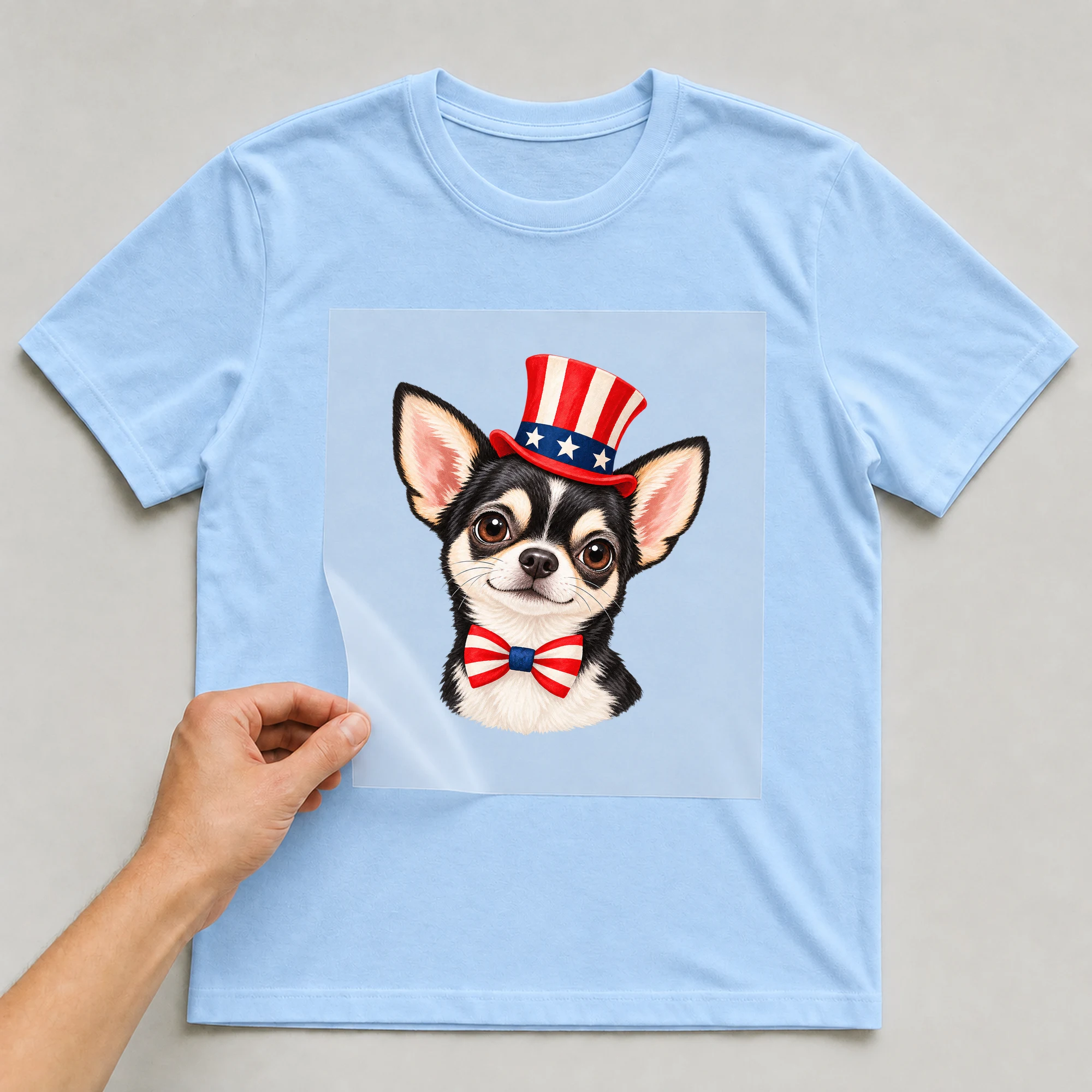 Bügelbild „USA Chihuahua“ auf babyblauem T-Shirt, Folie wird aufgelegt