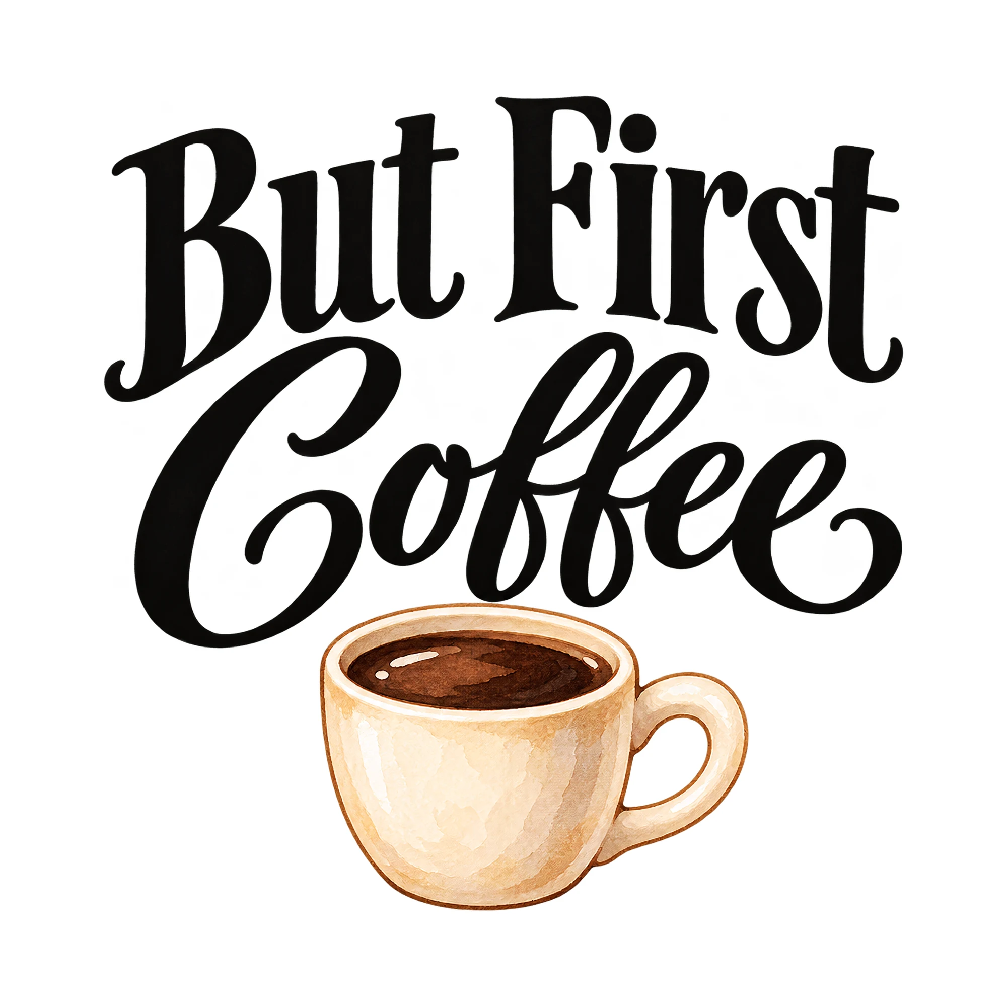 Bügelbild But First Coffee, Küchen Spruch Bügelbild als Grafik auf weißem Hintergrund (BB015084)