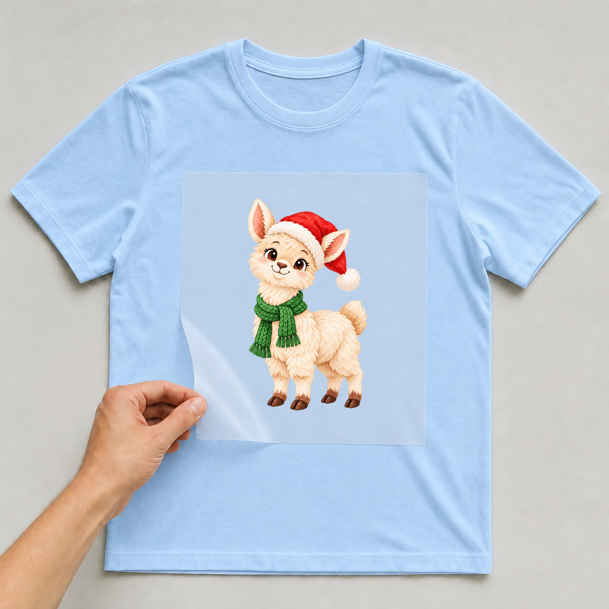 Bügelbild „Weihnachts Lama“ auf babyblauem T-Shirt, Folie wird aufgelegt