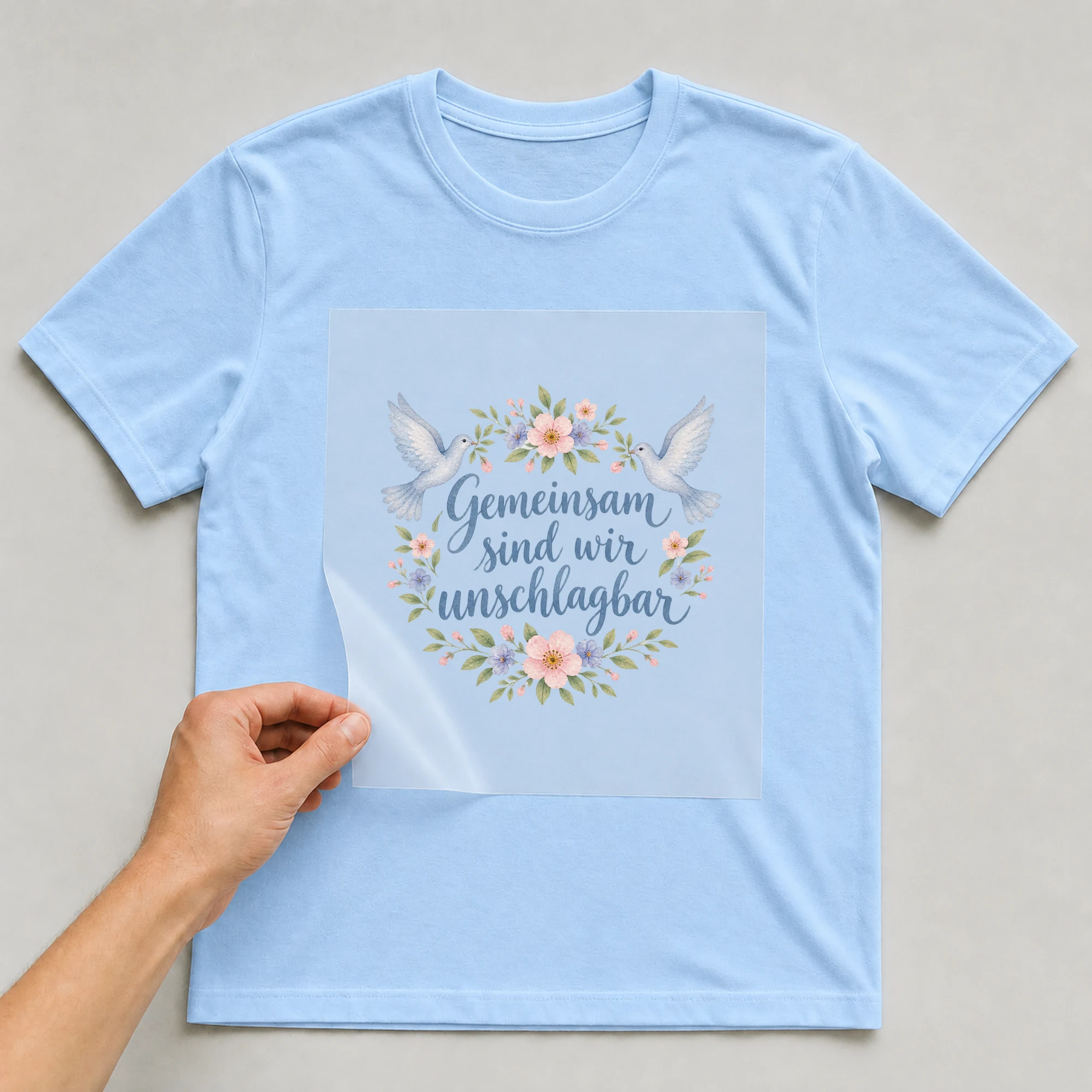 Bügelbild „Gemeinsam sind wir unschlagbar“ auf babyblauem T-Shirt, Folie wird aufgelegt