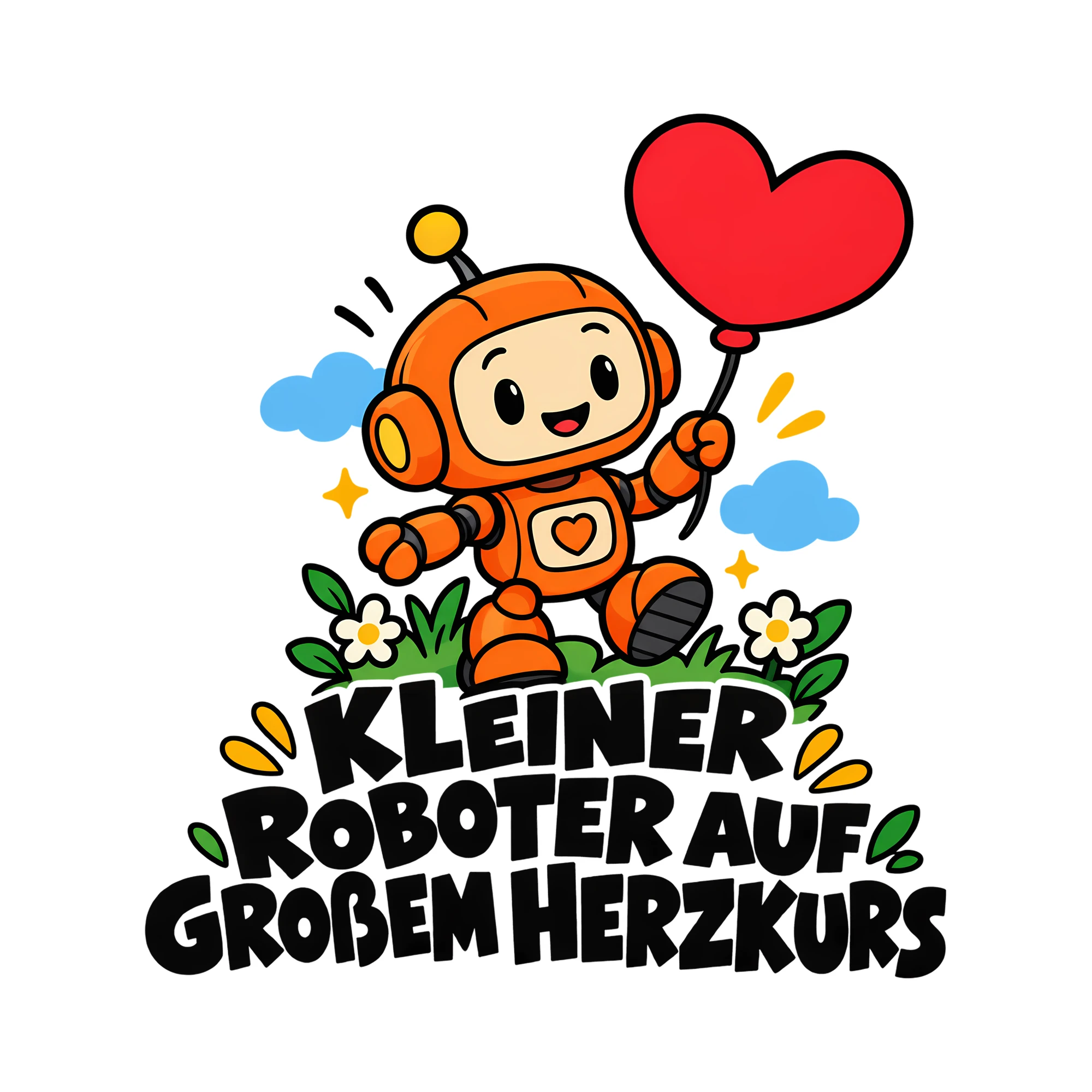 Bügelbild KLEINER ROBOTER AUF GROßEM HERZKURS als Grafik auf weißem Hintergrund (BB013499)