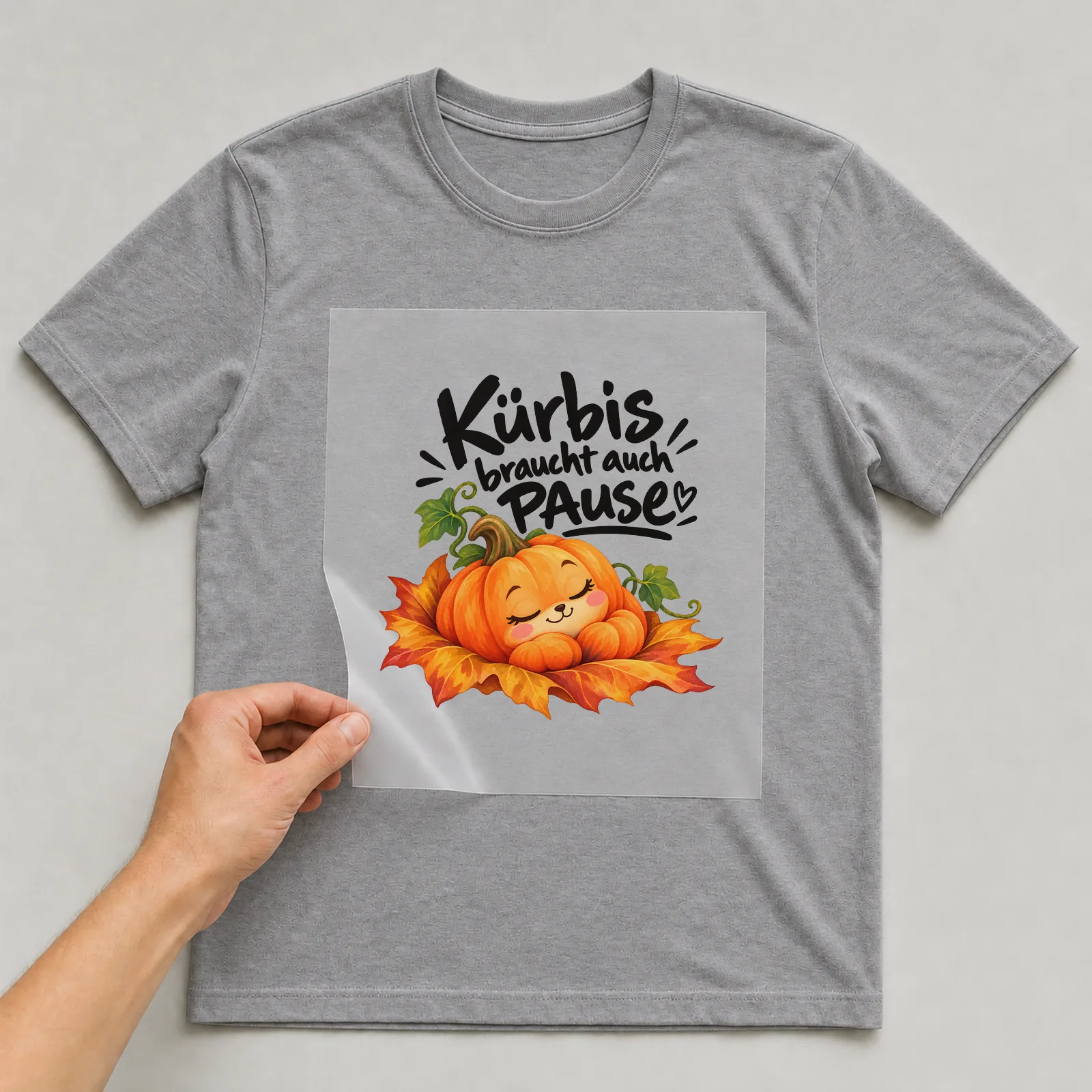 Bügelbild „Kürbis braucht auch Pause“ auf grauem T-Shirt, Folie wird aufgelegt