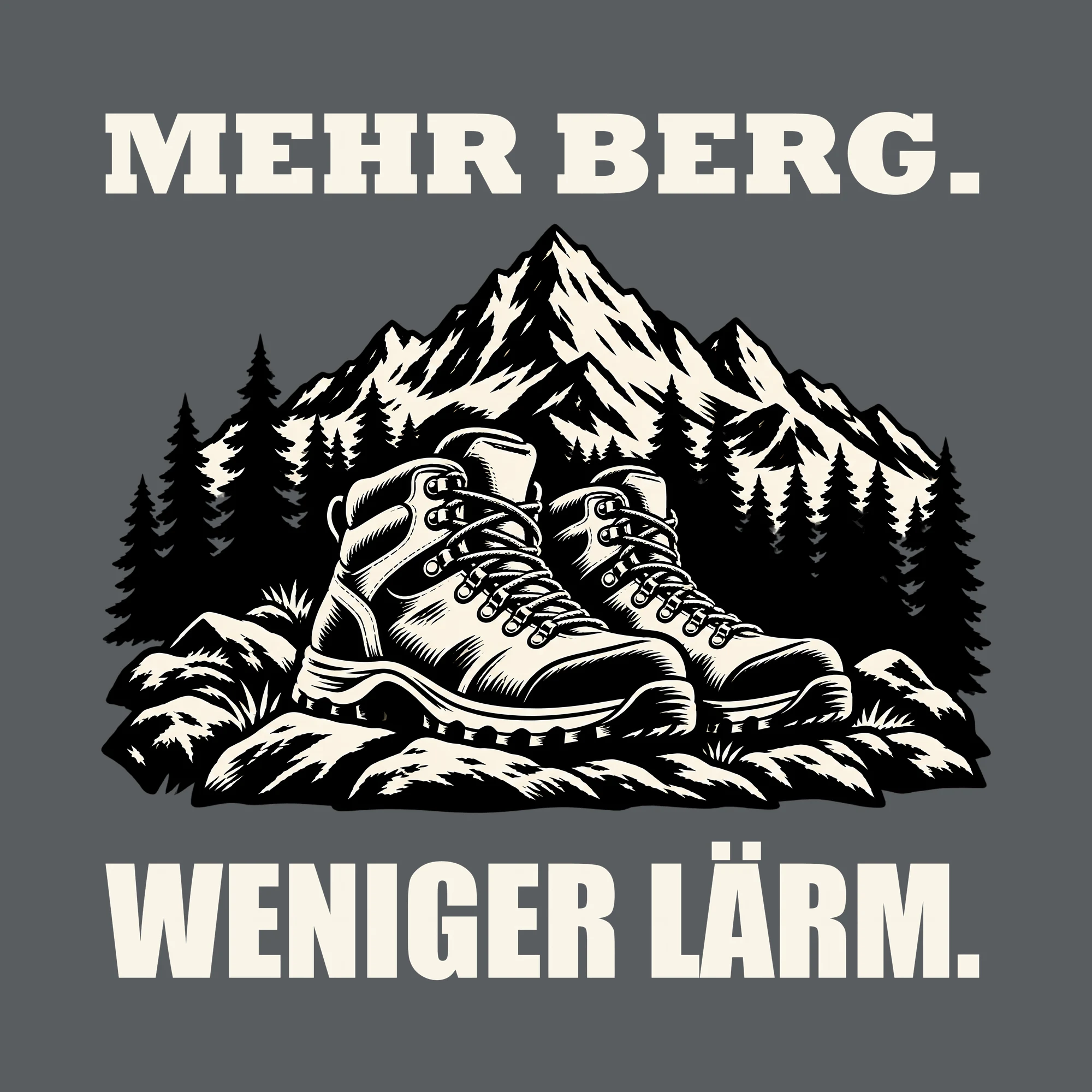 Bügelbild MEHR BERG. WENIGER LÄRM. als Grafik auf dunklem Hintergrund (BB013194)
