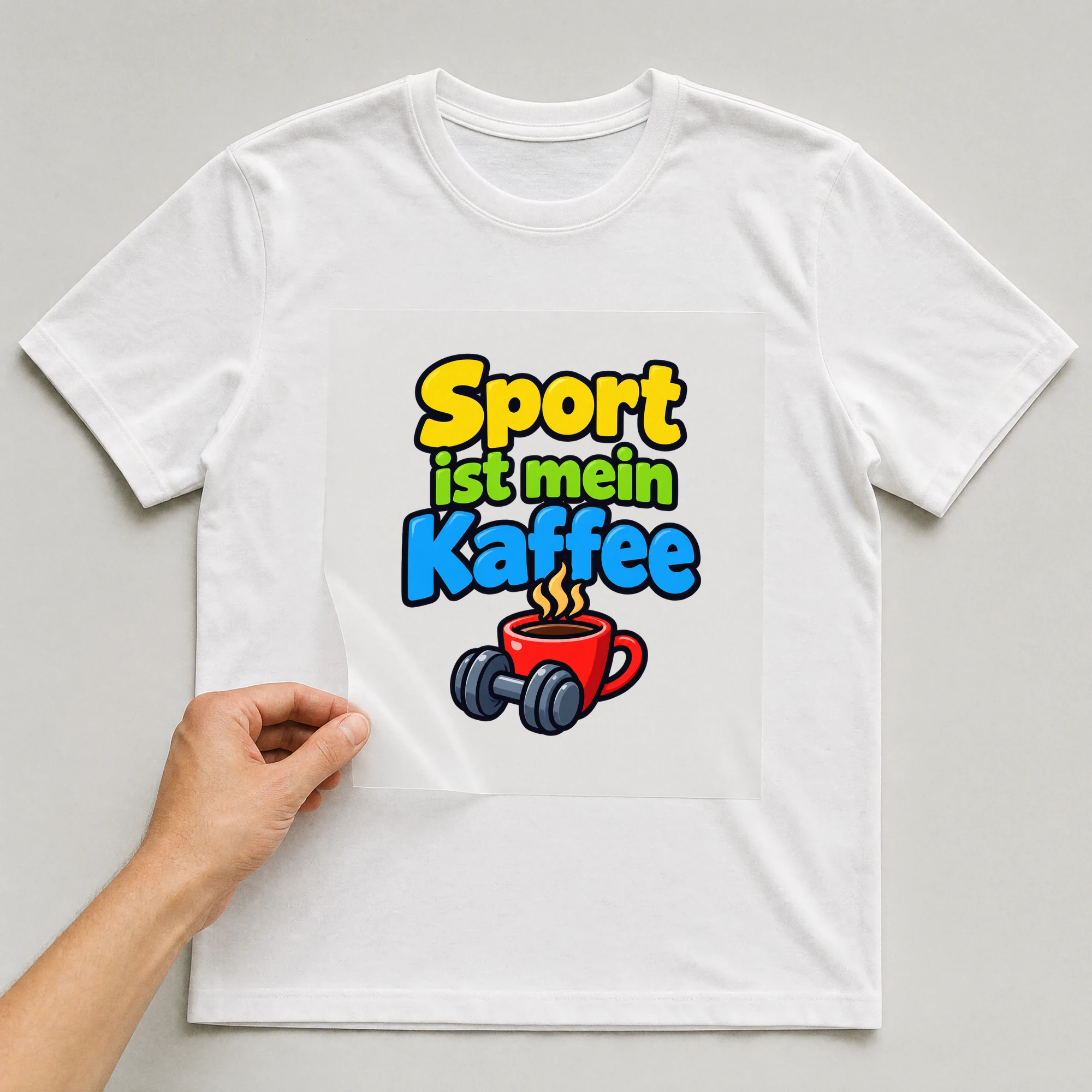 Bügelbild „Sport ist mein Kaffee“ auf weißem T-Shirt, Folie wird aufgelegt