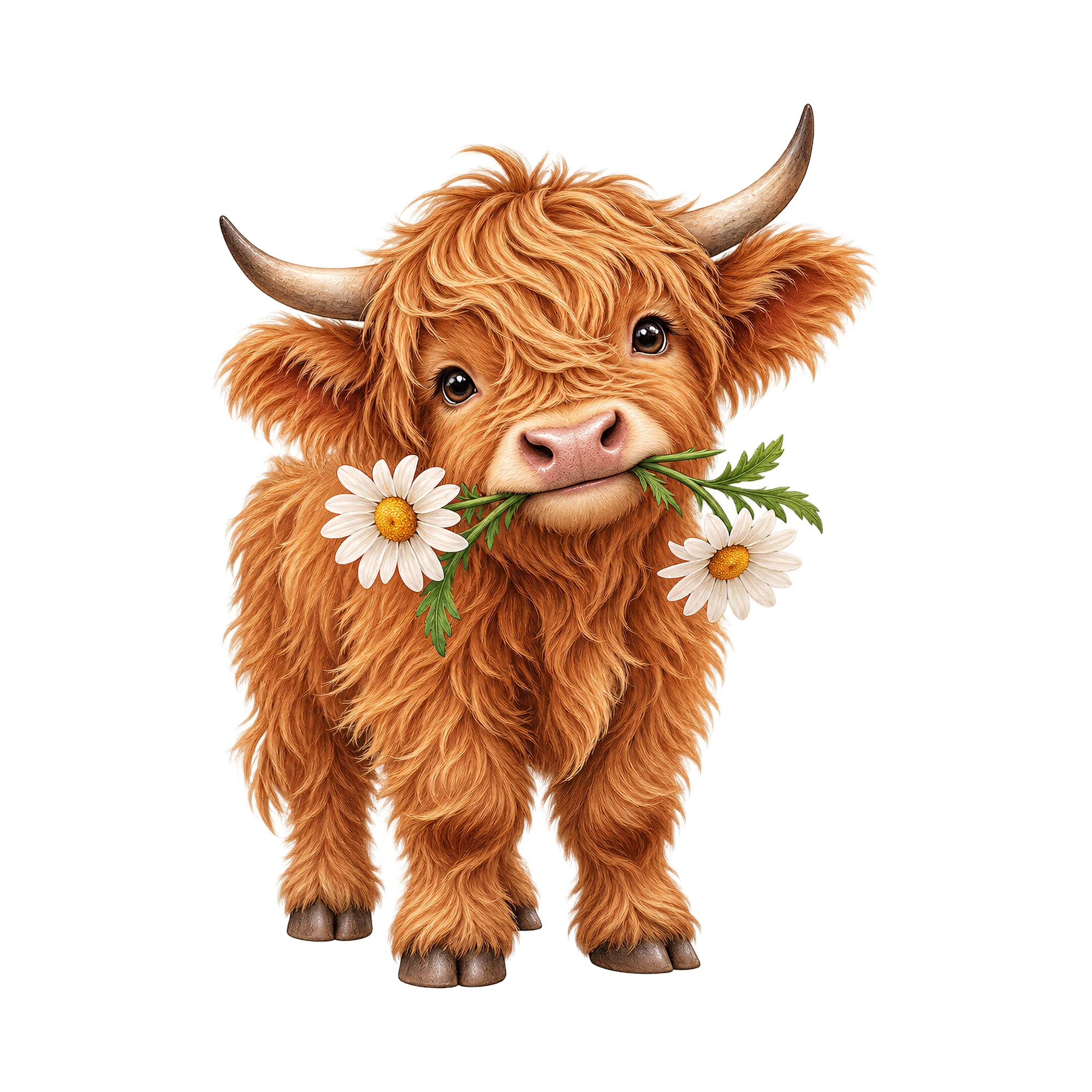 Bügelbild „Kuh mit Gänseblümchen“, Tiere Shirt Motiv als Grafik auf weißem Hintergrund (BB019039)