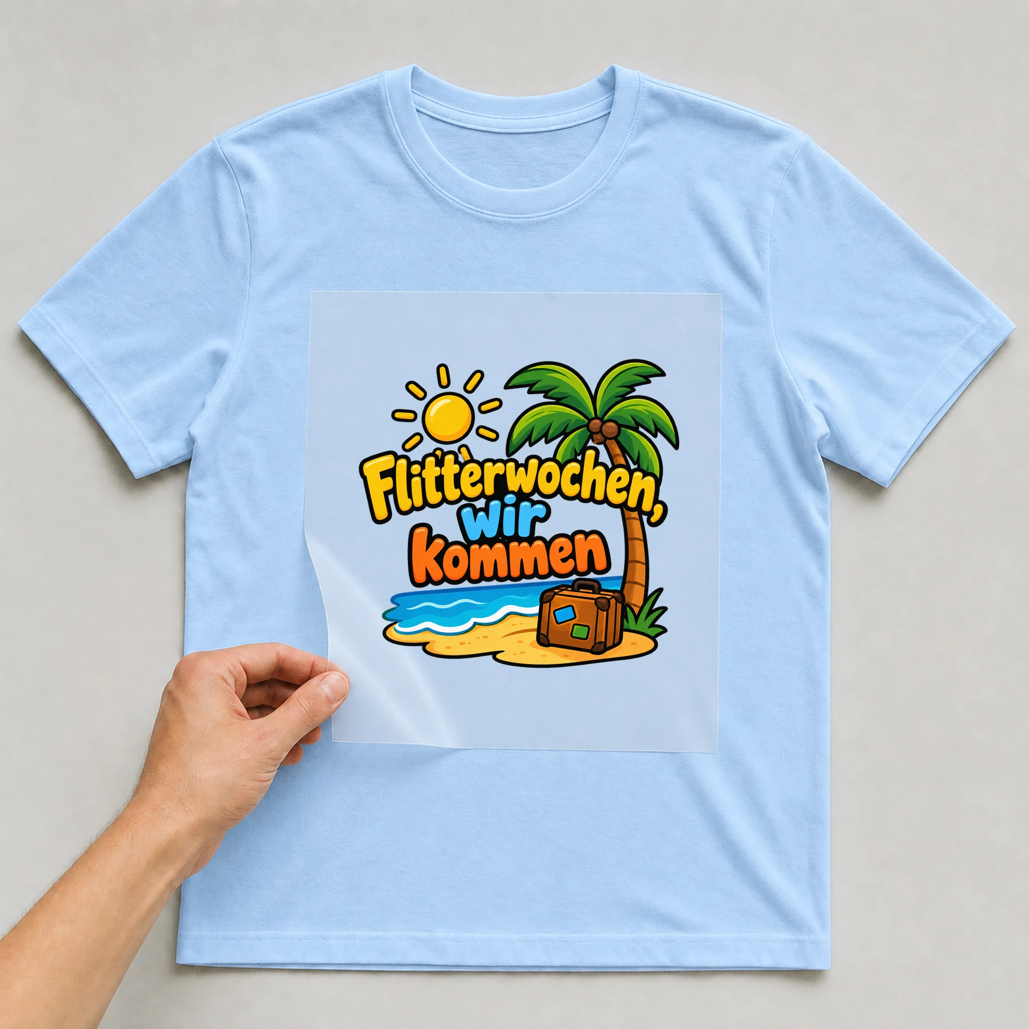 Bügelbild „Flitterwochen wir kommen“ auf babyblauem T-Shirt, Folie wird aufgelegt