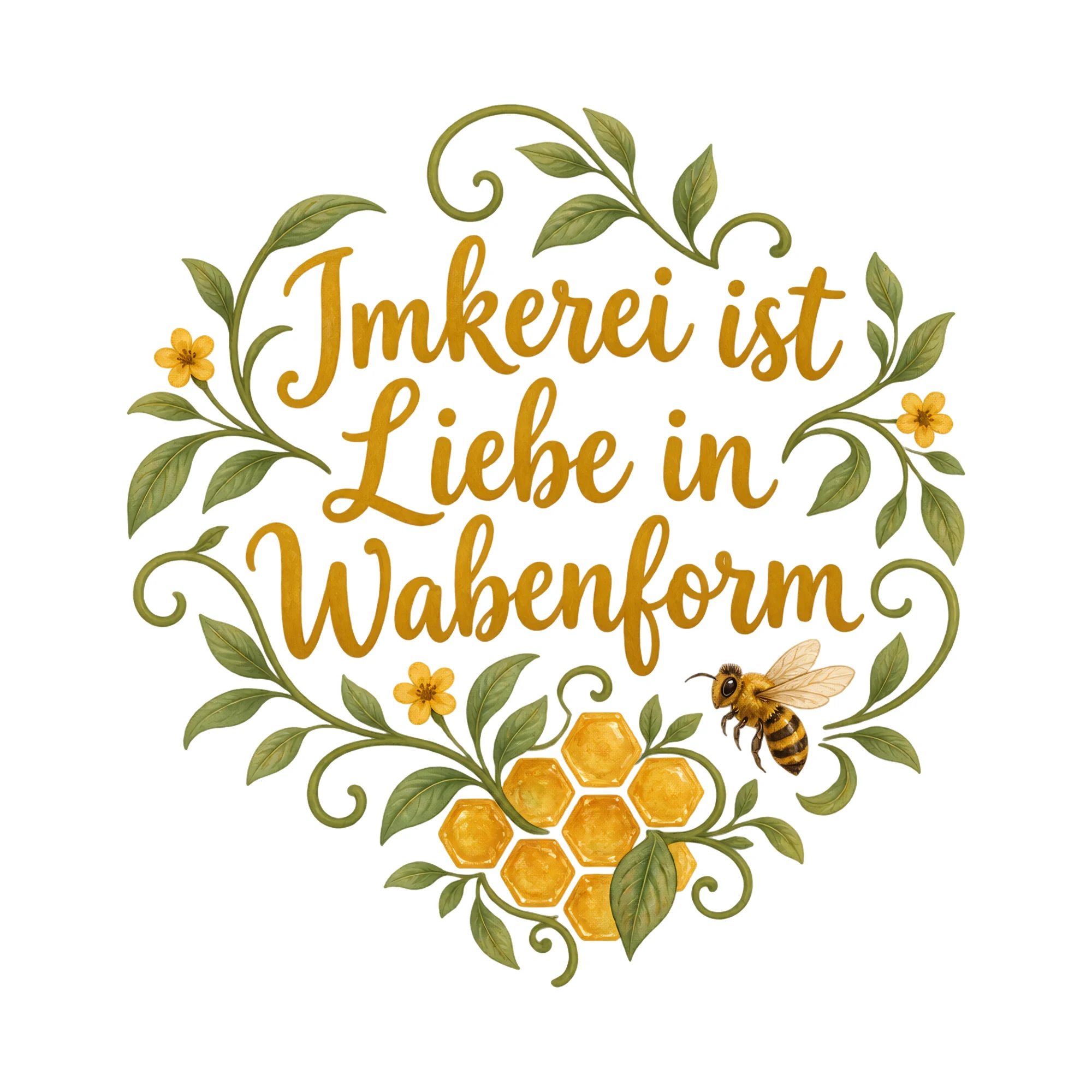 Bügelbild Imkerei ist Liebe in Wabenform als Grafik auf weißem Hintergrund (BB019298)