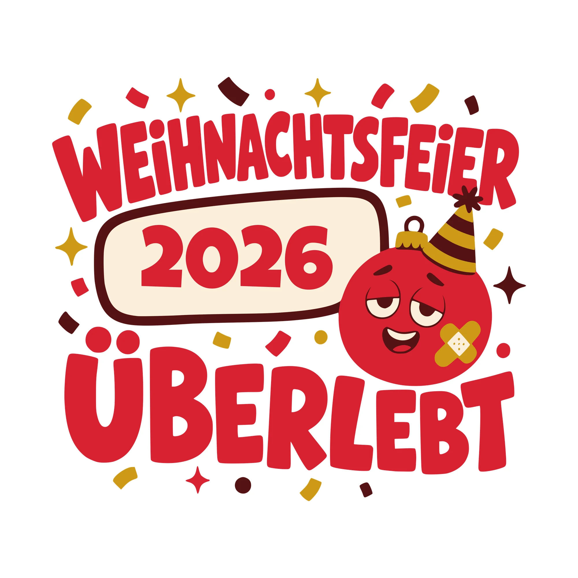 Bügelbild Weihnachtsfeier überlebt mit Jahr als Grafik auf weißem Hintergrund (BB010367)