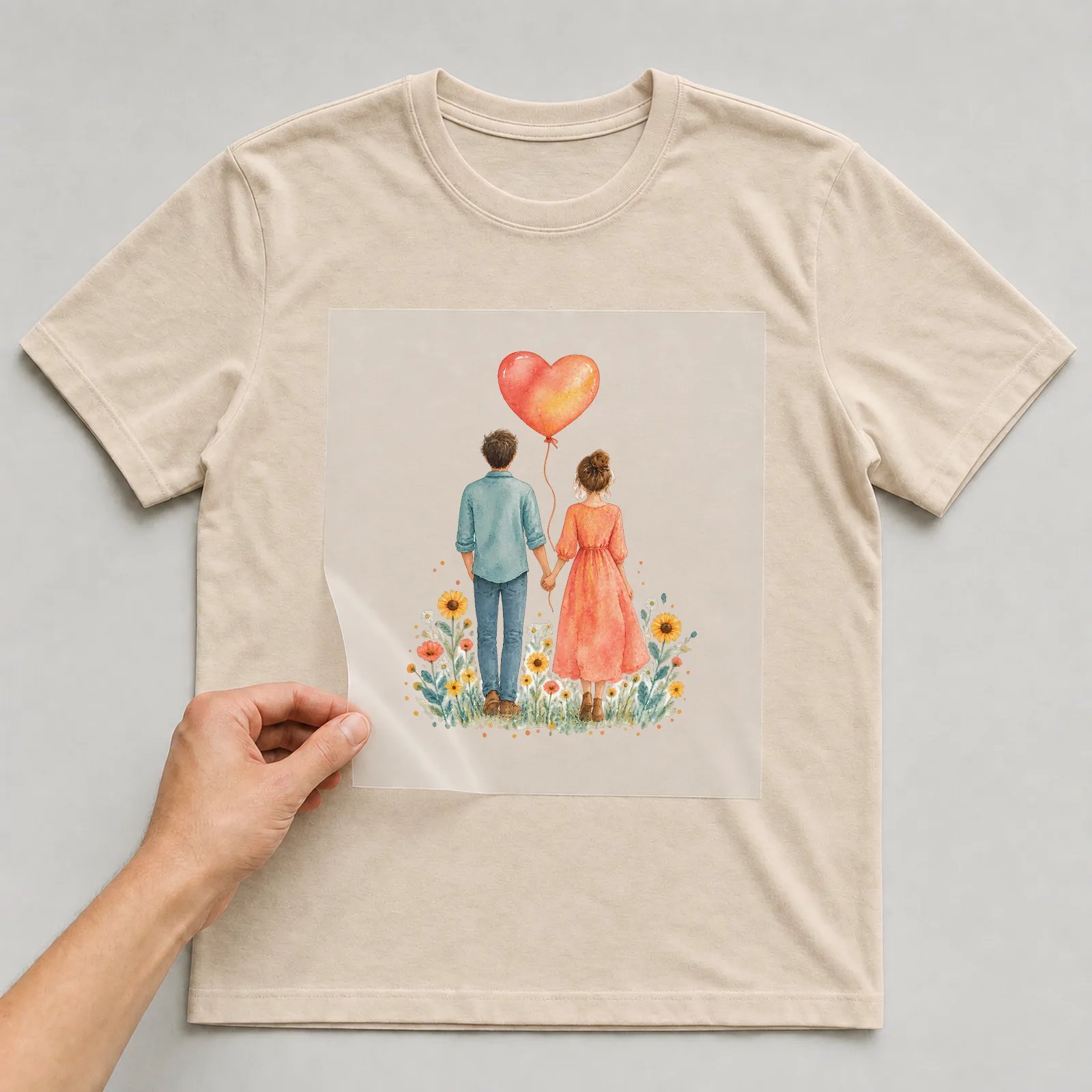 Bügelbild freundschaft paar herzballon auf beigem T-Shirt, Folie wird aufgelegt