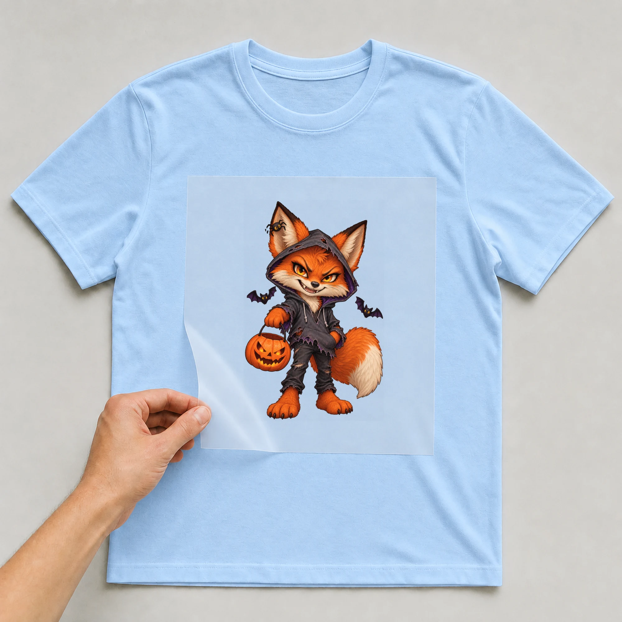Bügelbild „Halloween-Fuchs mit Hoodie und Kürbiseimer“ auf babyblauem T-Shirt, Folie wird aufgelegt