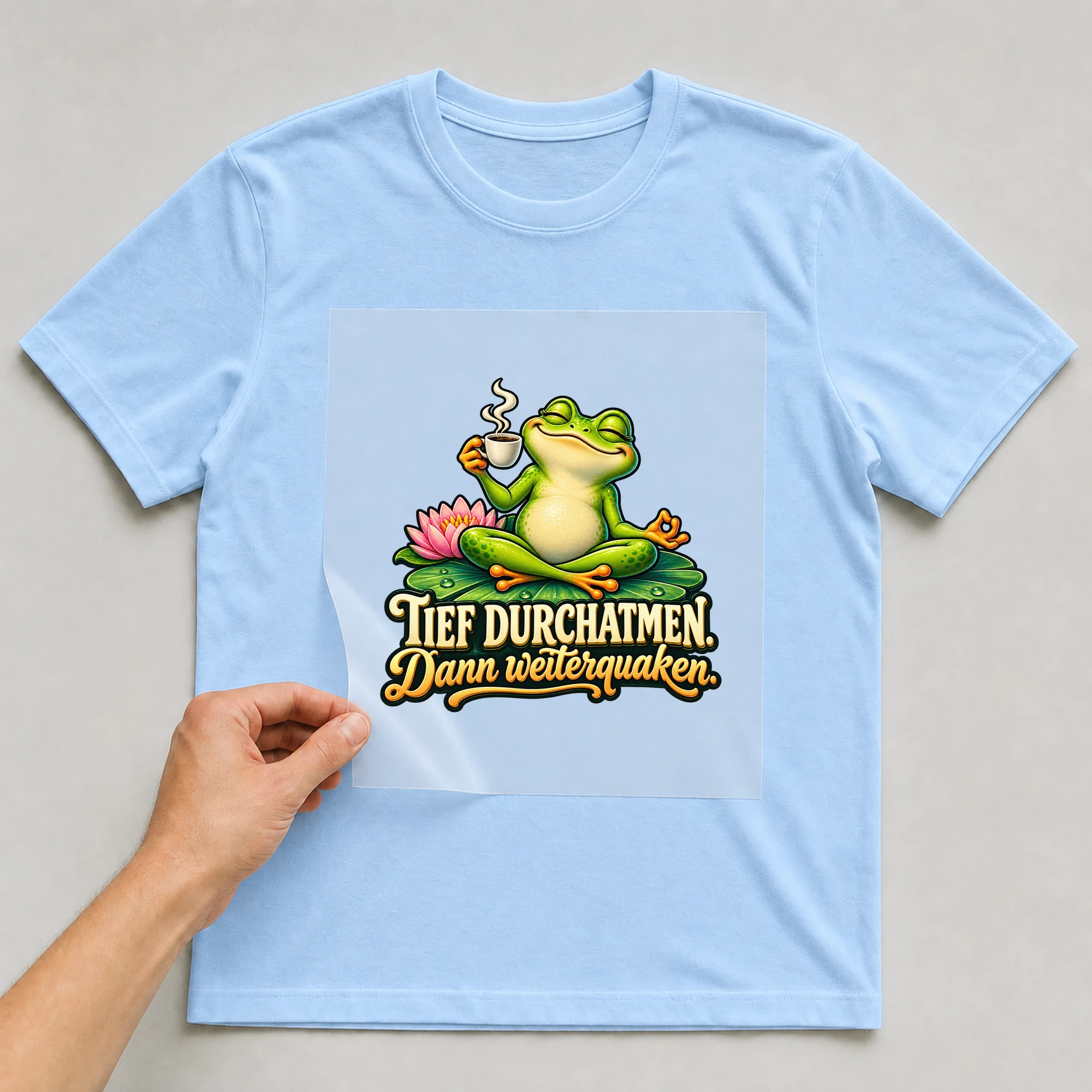 Bügelbild „Tief durchatmen. Dann weiterquaken.“ auf babyblauem T-Shirt, Folie wird aufgelegt