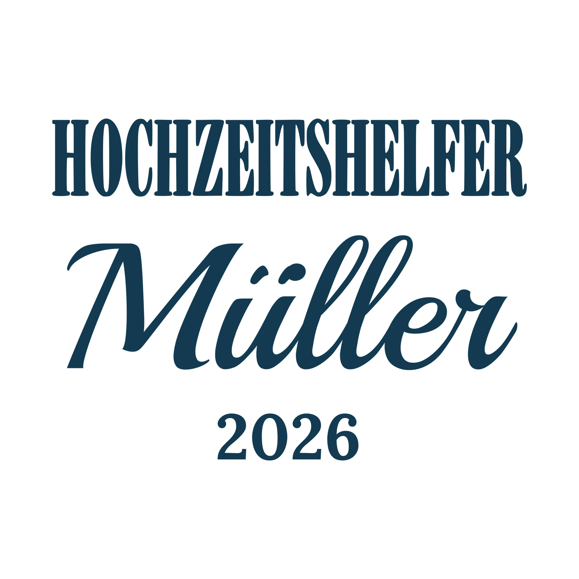Bügelbild Hochzeitshelfer mit Nachname und Jahr als Grafik auf weißem Hintergrund (BB010732)