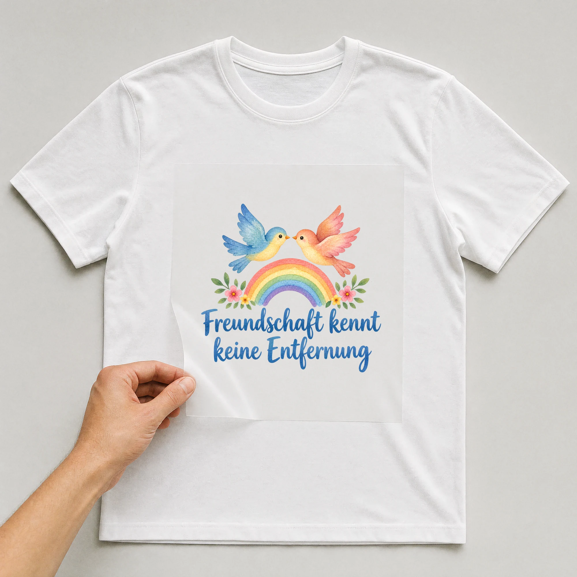 Bügelbild „Freundschaft kennt keine Entfernung“ auf weißem T-Shirt, Folie wird aufgelegt
