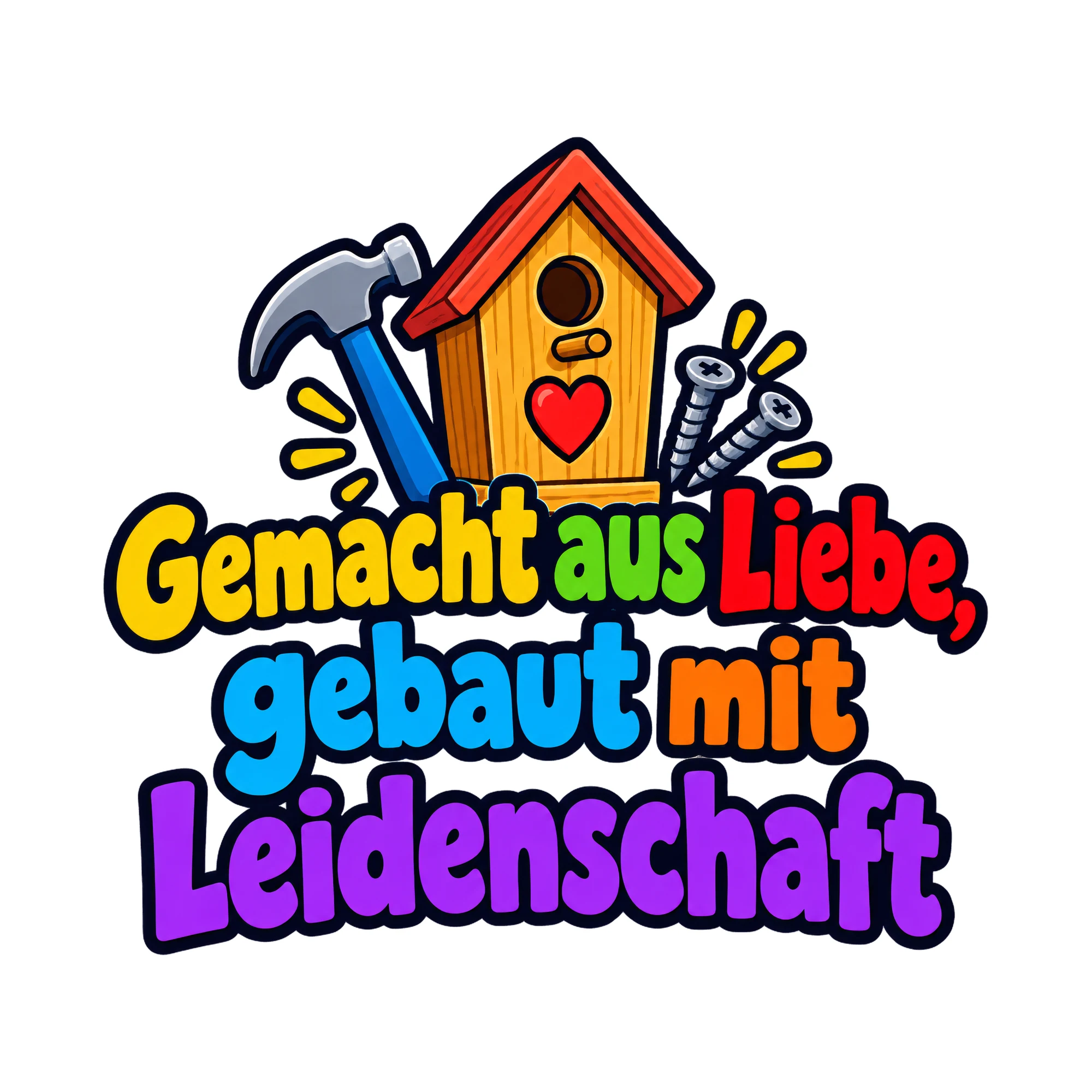 Bügelbild Gemacht aus Liebe, gebaut mit Leidenschaft, Hobby Shirt Spruch als Grafik auf weißem Hintergrund (BB016541)