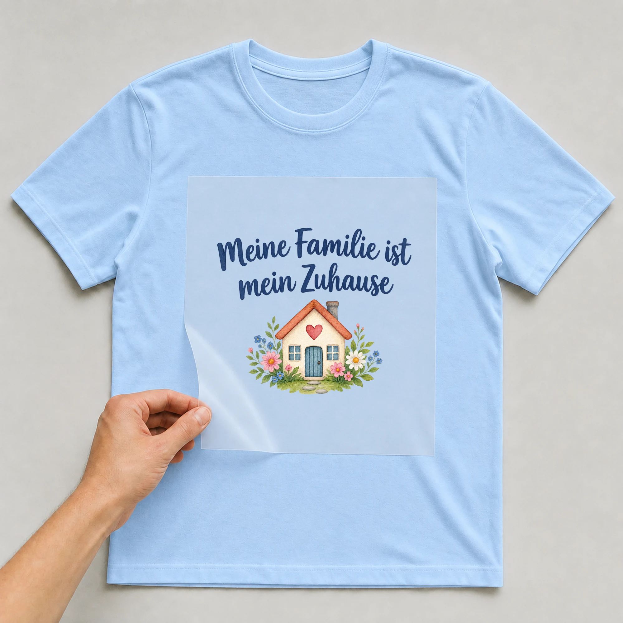 Bügelbild „Meine Familie ist mein Zuhause“ auf babyblauem T-Shirt, Folie wird aufgelegt